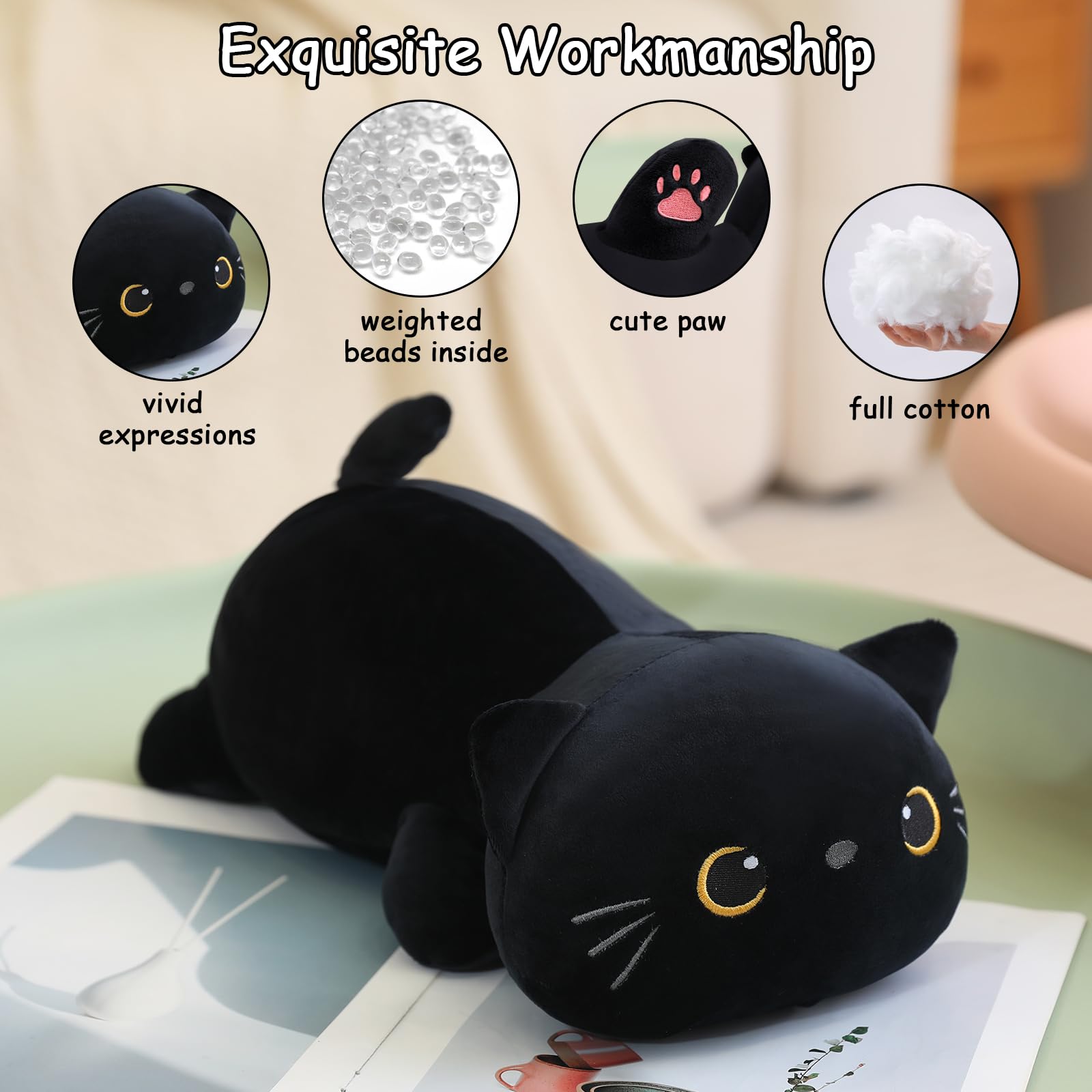 Sqeqe Weighted Black Cat Plush, Weighted Black Cat Stuffed Animal For Anxiety, Cute Black Cat Plushies Soft Black Cat Pillow Toy