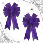 2PCS Halloween Wreath Bows Halloween Decor Bows Purple Spider Web Strips Burlap Linen Bows for Wreath, Halloween Fabric Ribbon B
