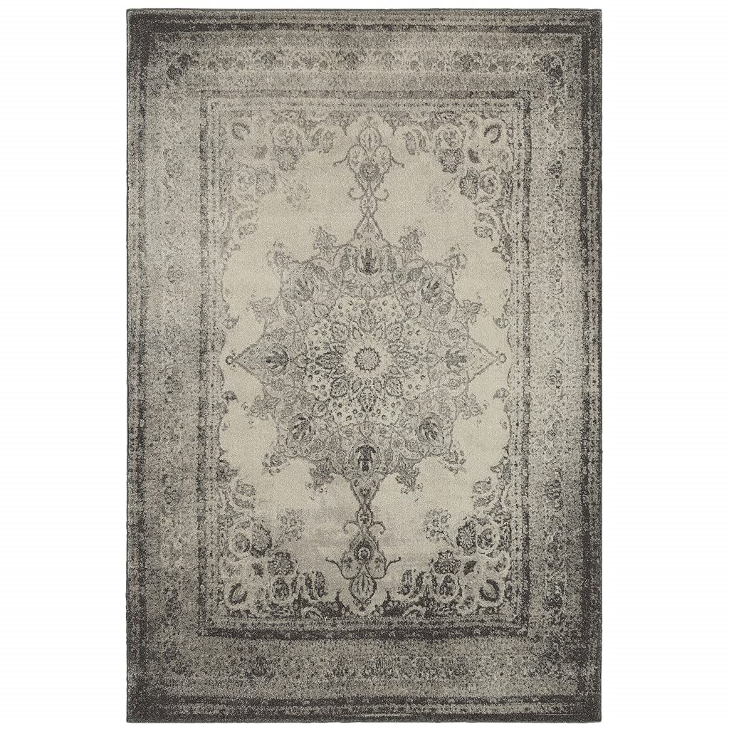 HomeRoots Polypropylene 5’x8’ Ivory and Gray Pale Medallion Area Rug