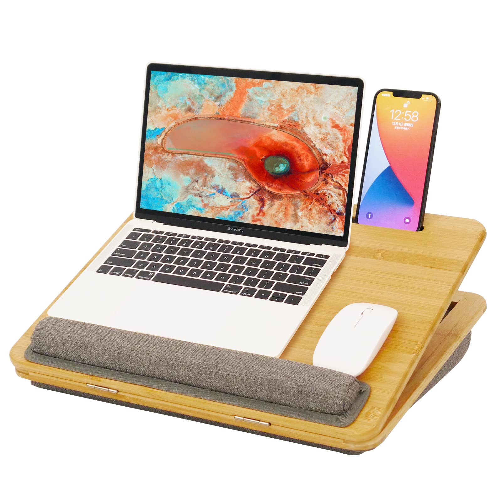 Lap Desk,Bamboo Laptop Tray - Ergonomic Design With Cushion. Adjustable Tilt Angle And Height, With Tablet Phone Holder,For Comf