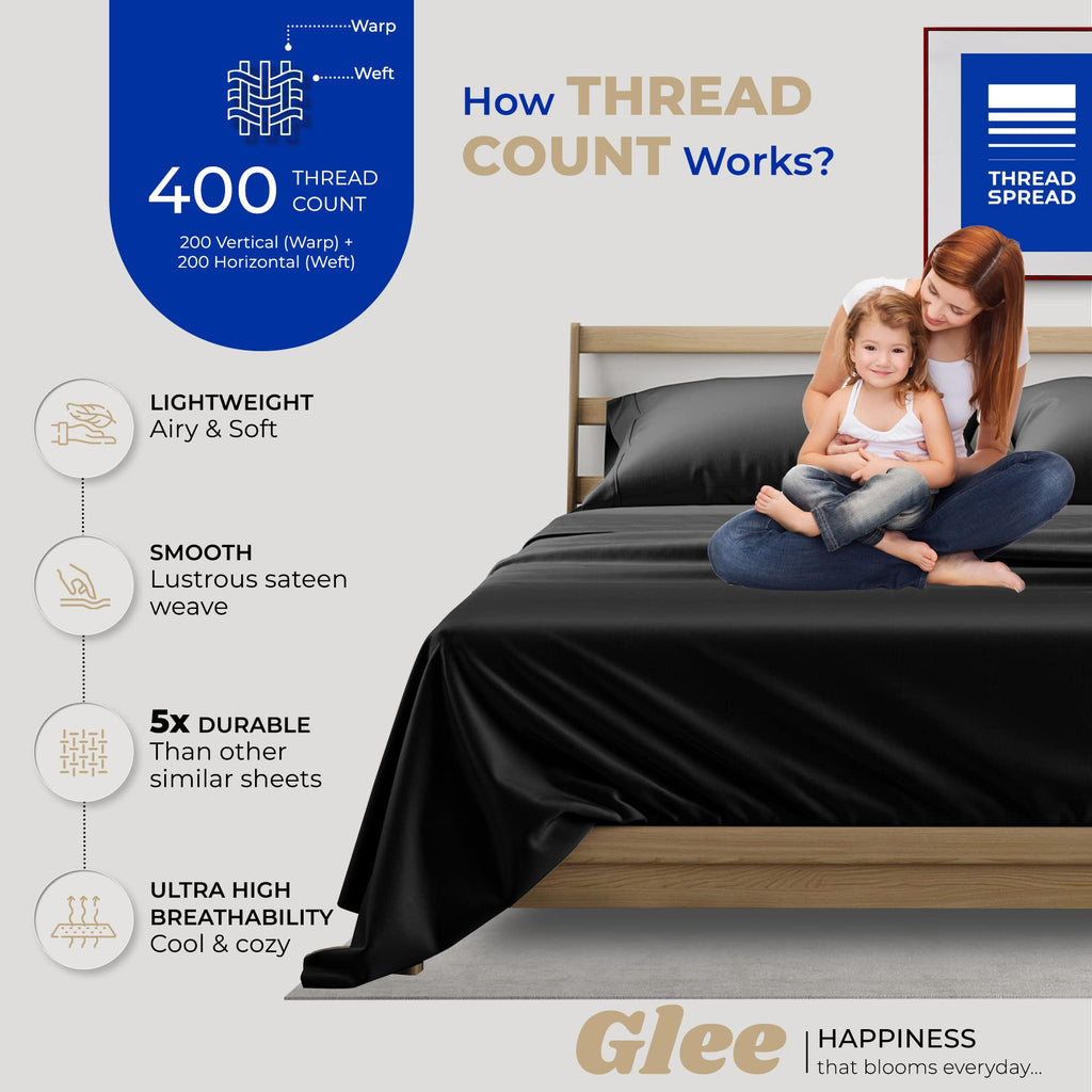Thread Spread Twin Sheets Set Cotton - 400 Thread Count 100% Cotton Twin Sheet Set, 3 Pc Twin Sheets, Cooling & Luxury Sateen Sheets, Dorm Rooms & Adults, Deep Pockets Easy Fit, Cotton Sheets (Black)