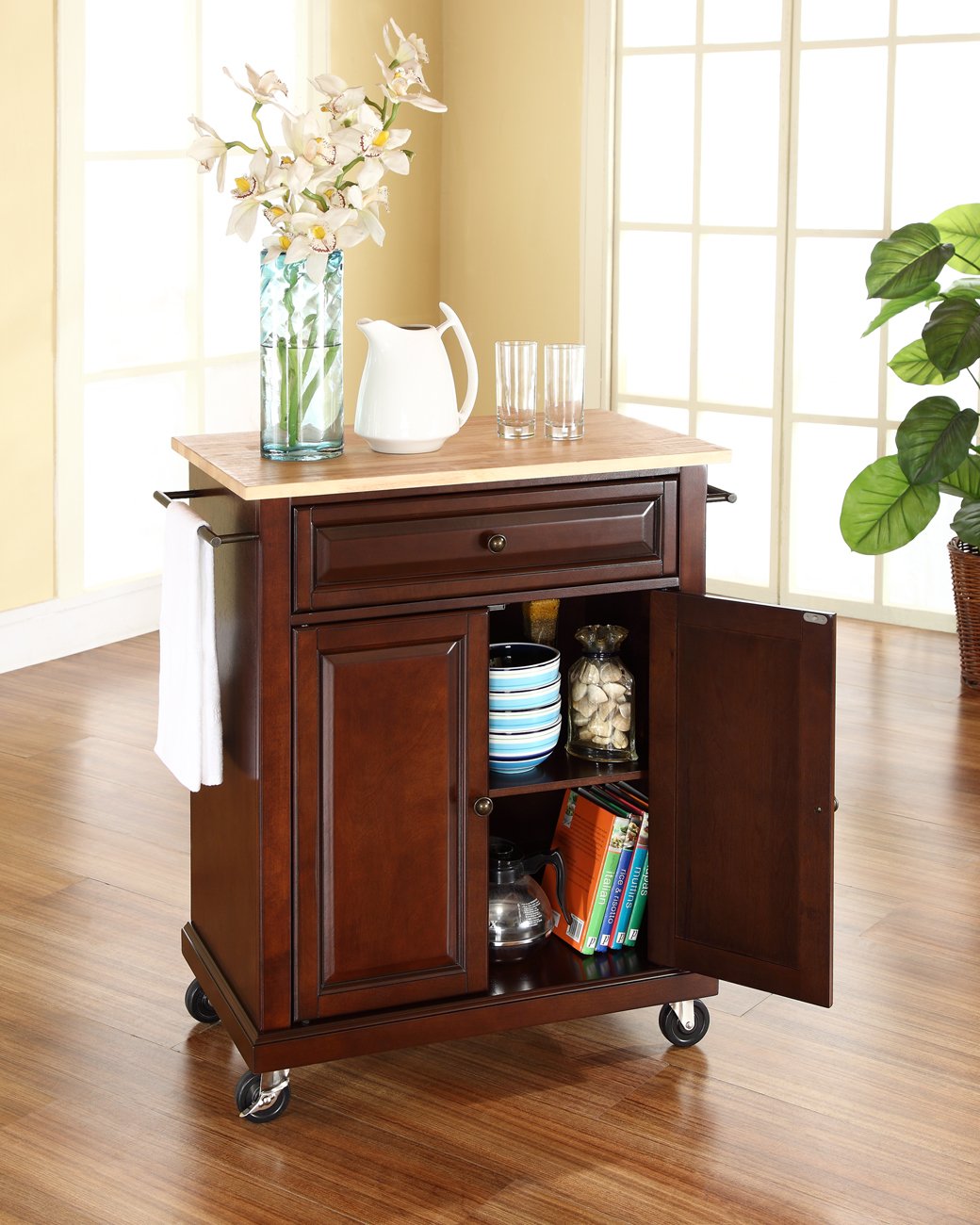 Crosley Furniture Compact Wood Top Small Rolling Cart with Shelves, Microwave Stand with Towel Rack, Mahogany