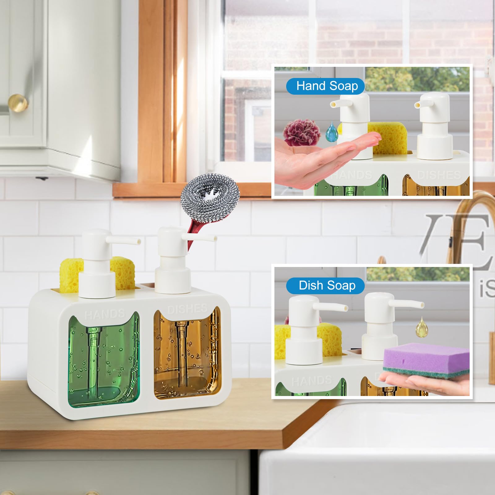 Kitchen Soap Dispenser Set, With Hand And Dish Soap, Sponge Caddy And Brush Holder 4-In-1 Kitchen Dual Soap Dispenser Set For Ki