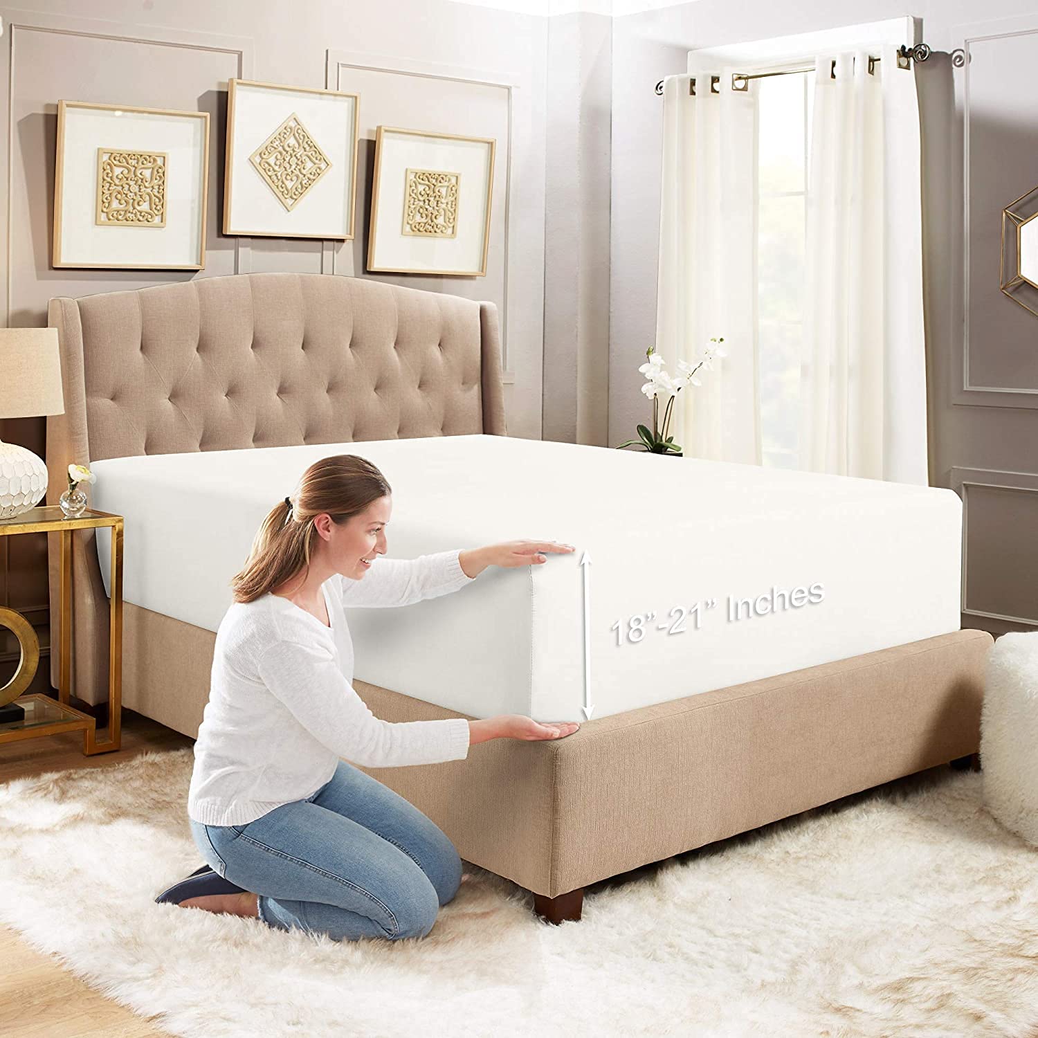 Larry24 18'- 21' Extra Deep Pocket Fitted Sheet For High Mattress - Hotel Luxury Silky Soft Double Brushed Microfiber Sheet, W