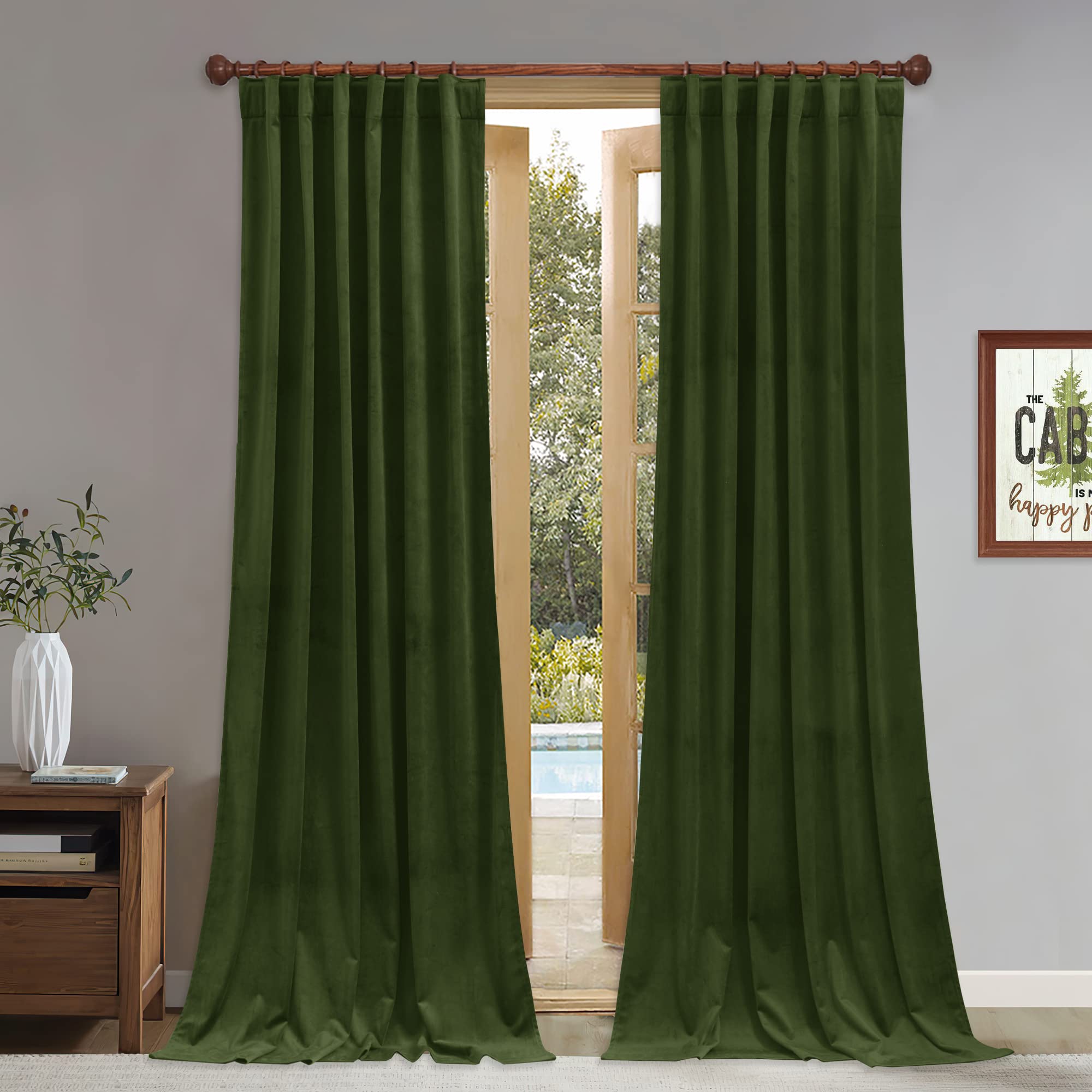 Stangh Moss Green Velvet Curtains 102 Inches Long 2 Panels Set, Solid Green Curtains & Drapes Room Darkening For Bedroom Decorat