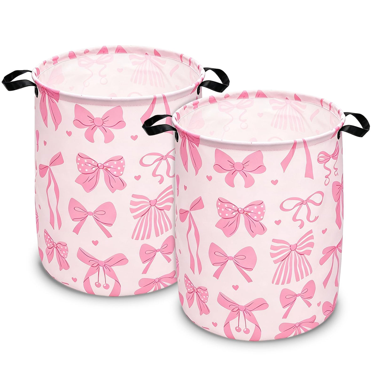 2 Pack Pink Bow Laundry Baskets for Girls, 43L Each Collapsible Hamper