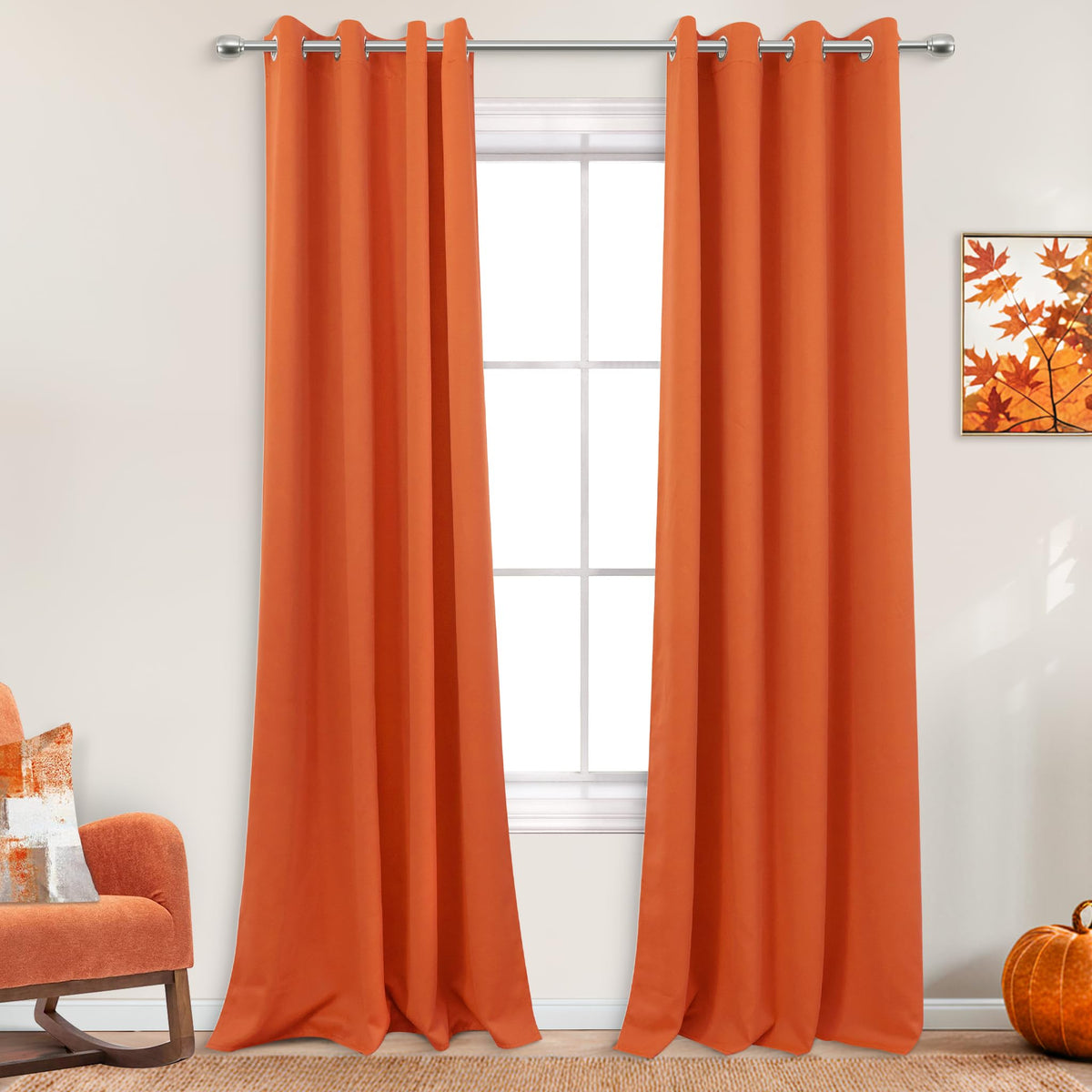 Mrs.Naturall Orange Blackout Curtains 96 Inches Long 2 Panel Set,Fall Pumpkin Halloween Decorative Hippie Room Darkening Curtain