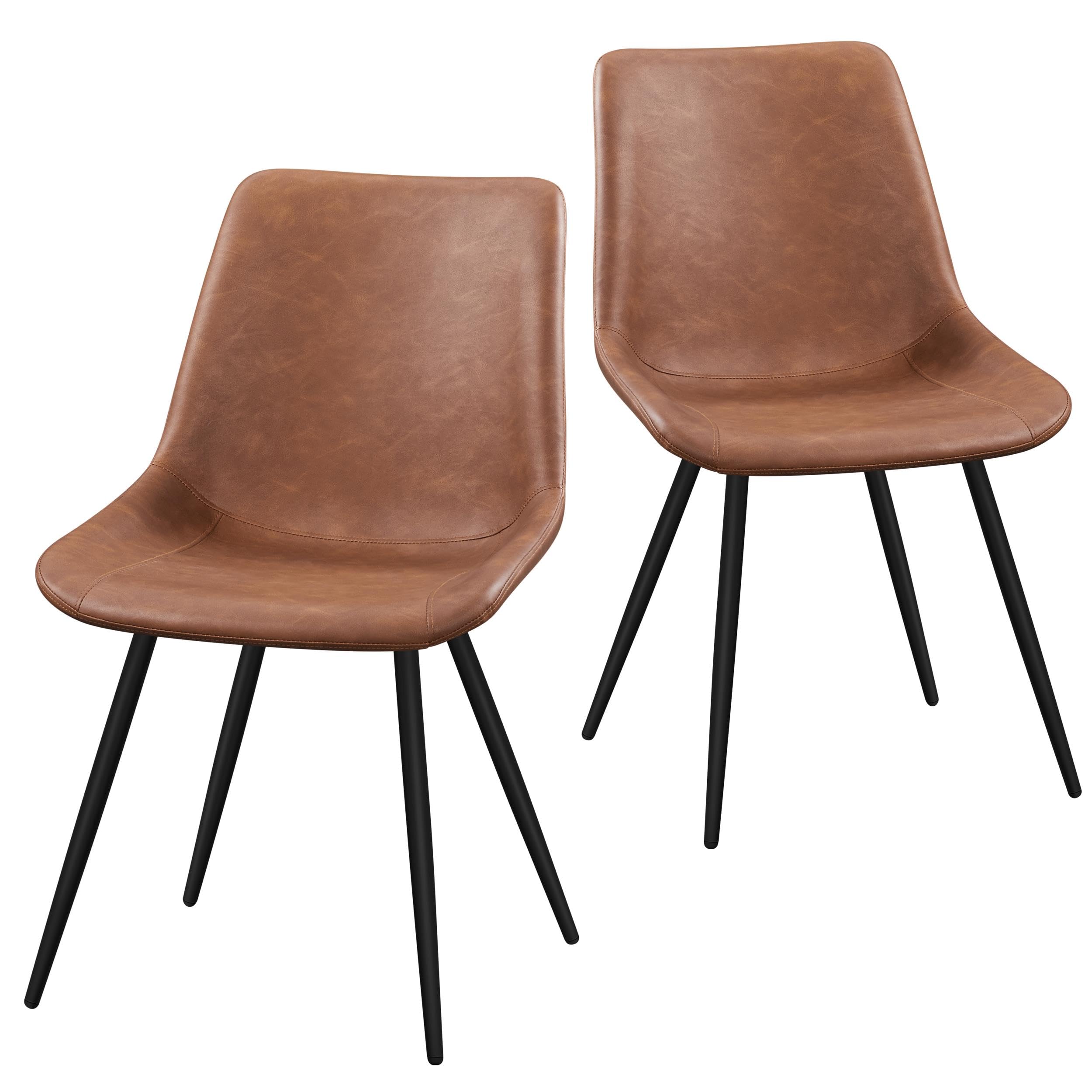 Yaheetech Dining Chairs Set of 2 Upholstered Mid Century Faux Leather Kitchen Chairs with Metal Legs for Dining Room, Brown