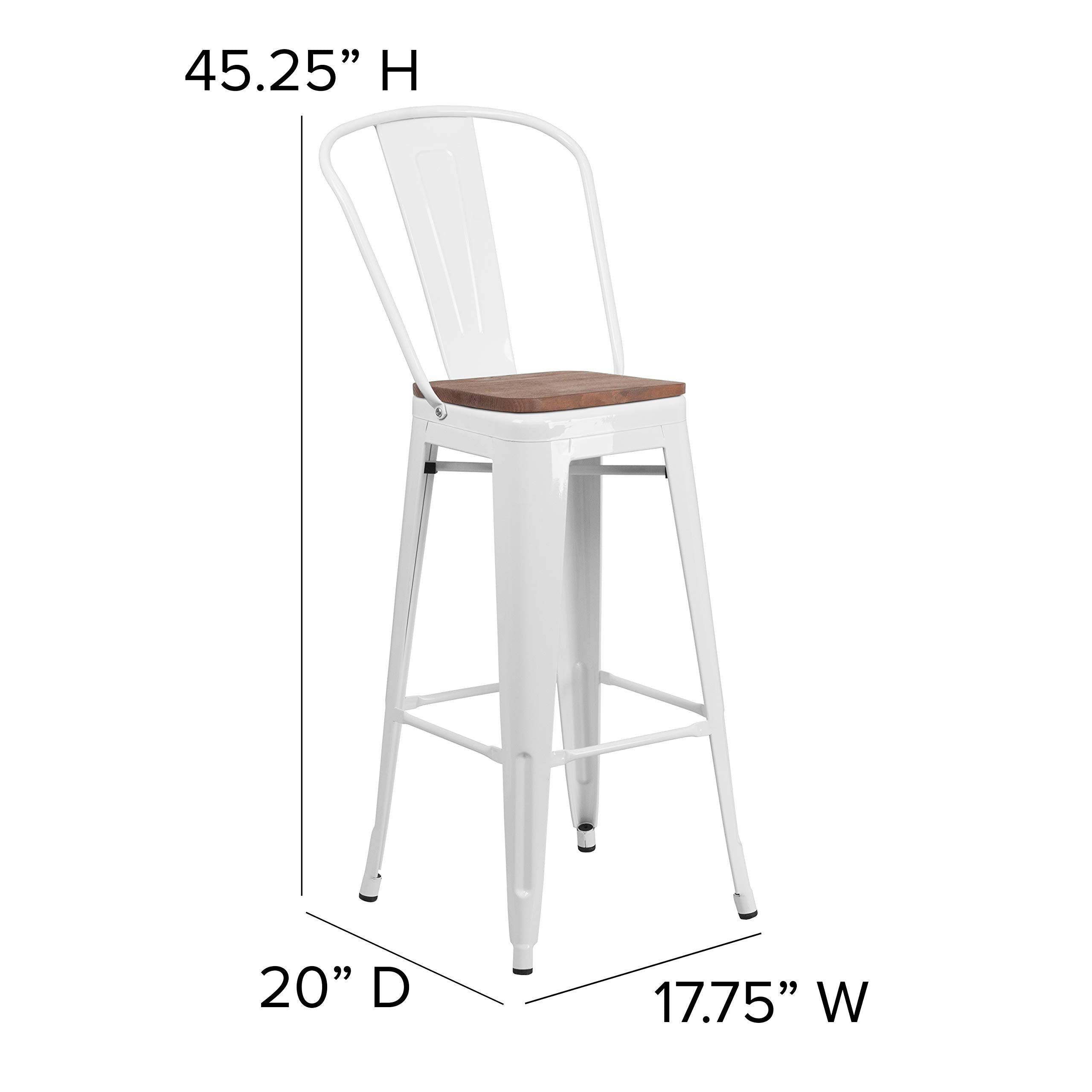Flash Furniture Lily 30&quot; High White Metal Barstool With Back And Wood Seat