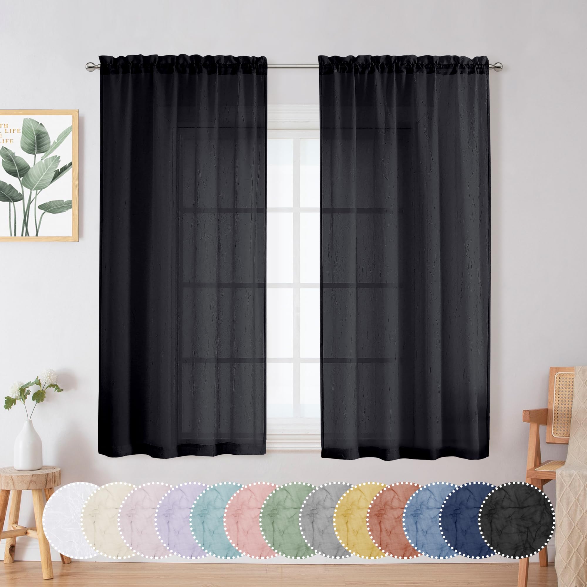 Chyhomenyc Crushed Sheer Black Curtains 54 Inch Length 2 Panels, Light Filtering Solid Crinkle Voile Short Sheer Curtian For Bed