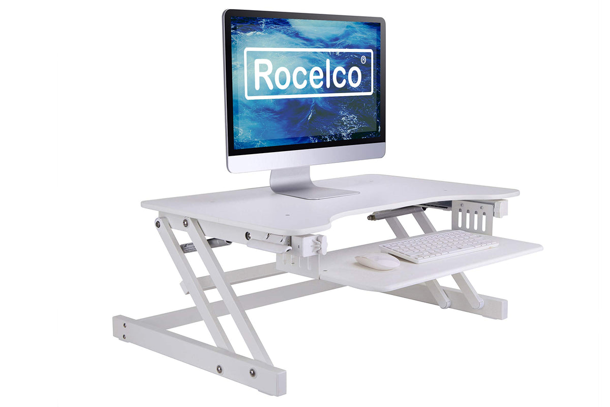 Rocelco 32&quot; Height Adjustable Standing Desk Converter - Quick Sit Stand Up Dual Monitor Riser - Gas Spring Assist Tabletop Computer Workstation - Large Retractable Keyboard Tray - White (R ADRW)