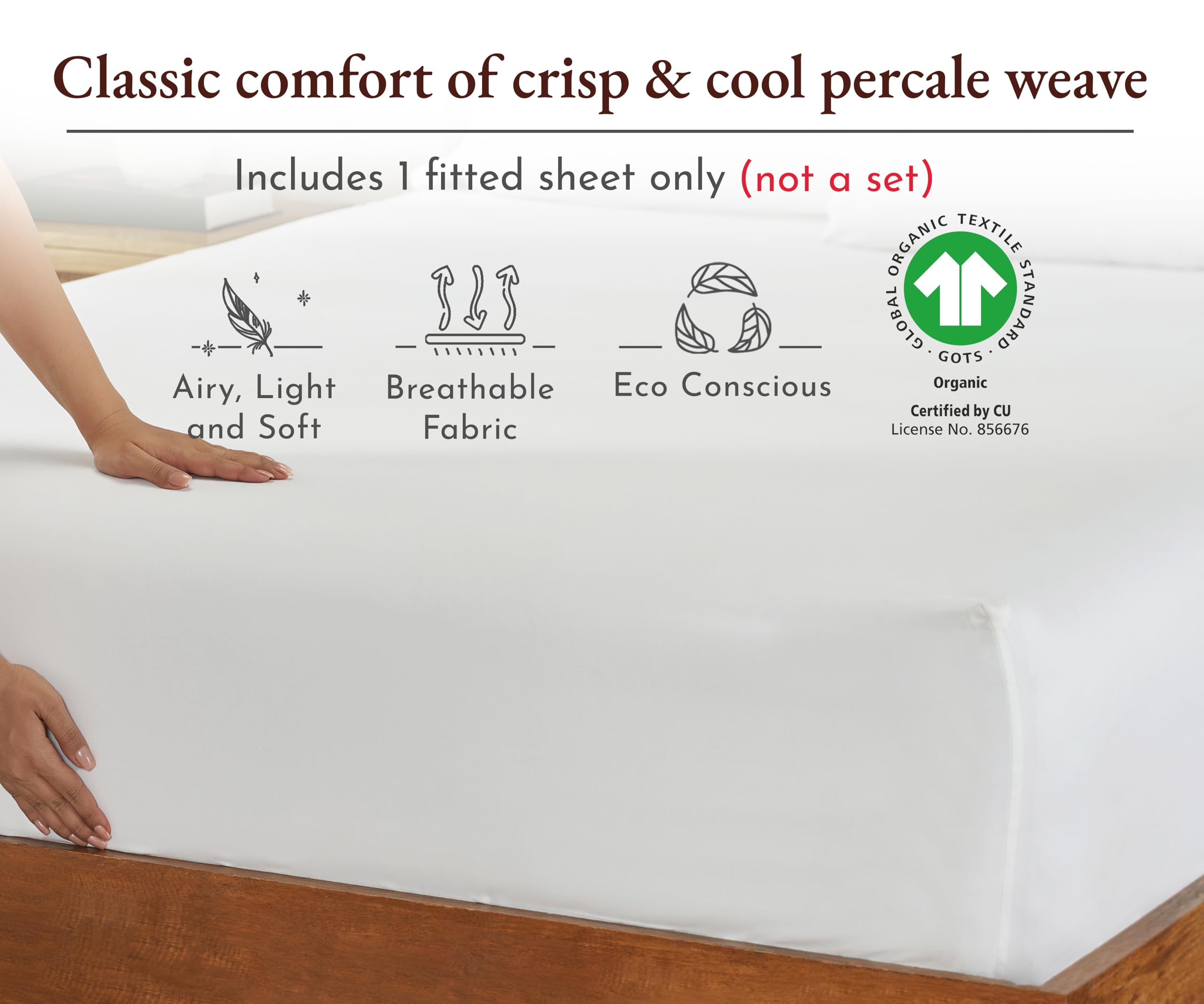 California Design Den 100% Organic Cotton Fitted Sheet Queen Size Only, Percale Queen Deep Pocket Fitted Sheet, Gots Certified, Lightweight, Snug-Fit, Crisp, 1 Pc White Fitted Sheet