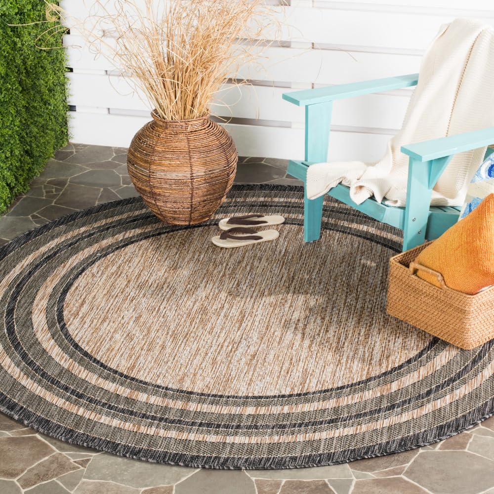 Safavieh Courtyard Collection 9' Round Natural / Black Cy8475 Indoor/ Outdoor Waterproof Easy Cleaning Patio Backyard Mudroom Area Rug