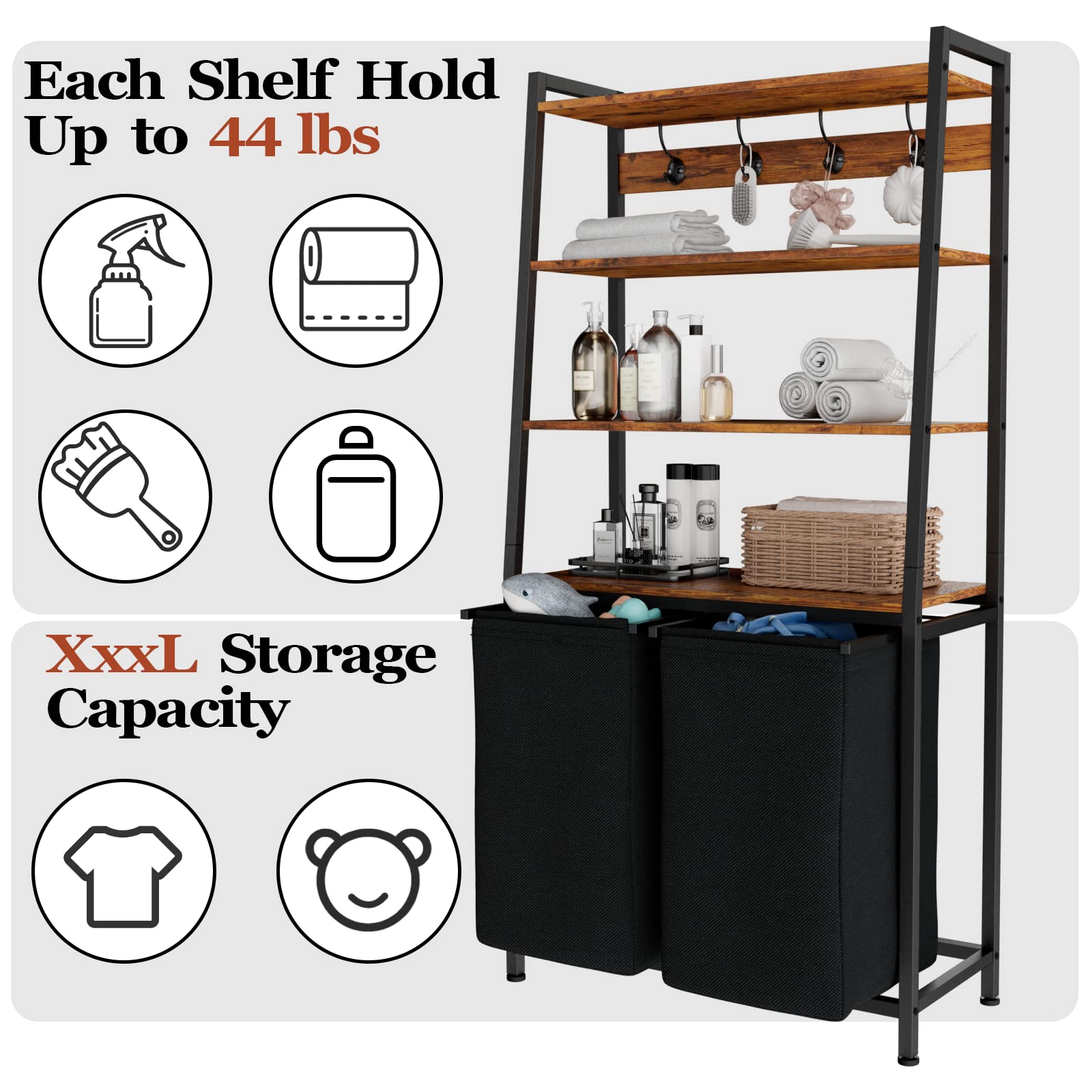 Furnulem 4 Tiers Laundry Hamper With Shelf And Hooks, Tall Laundry Basket Sorter With 2 Removable Laundry Bags, Ladder Shelves W