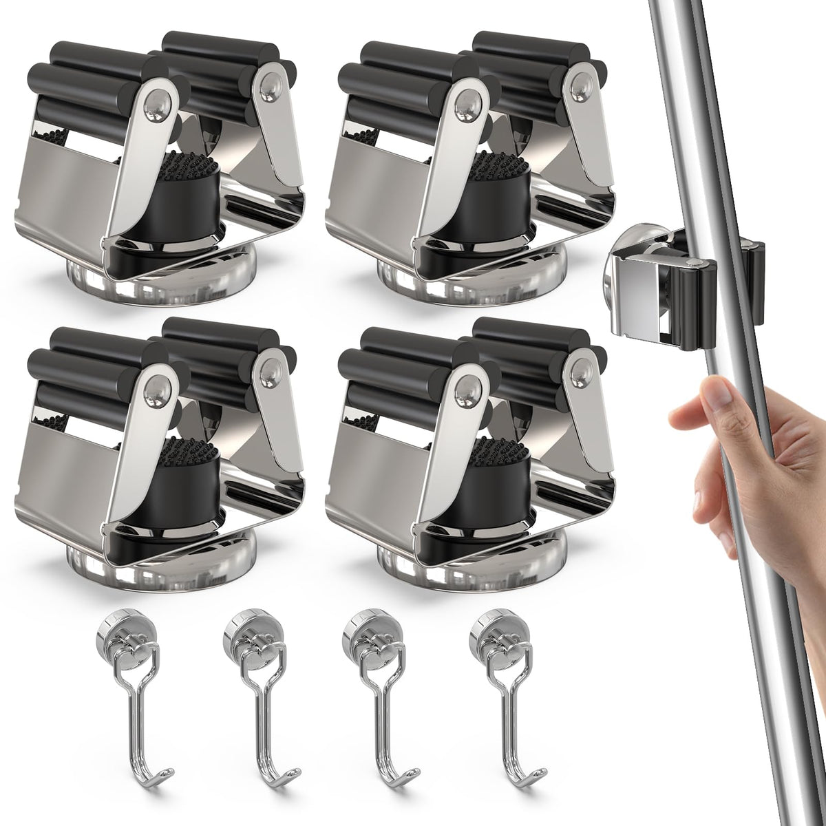 3H 4 Pack Magnetic Broom Holder with 4 Pack Mini Magnetic Hooks,Silver