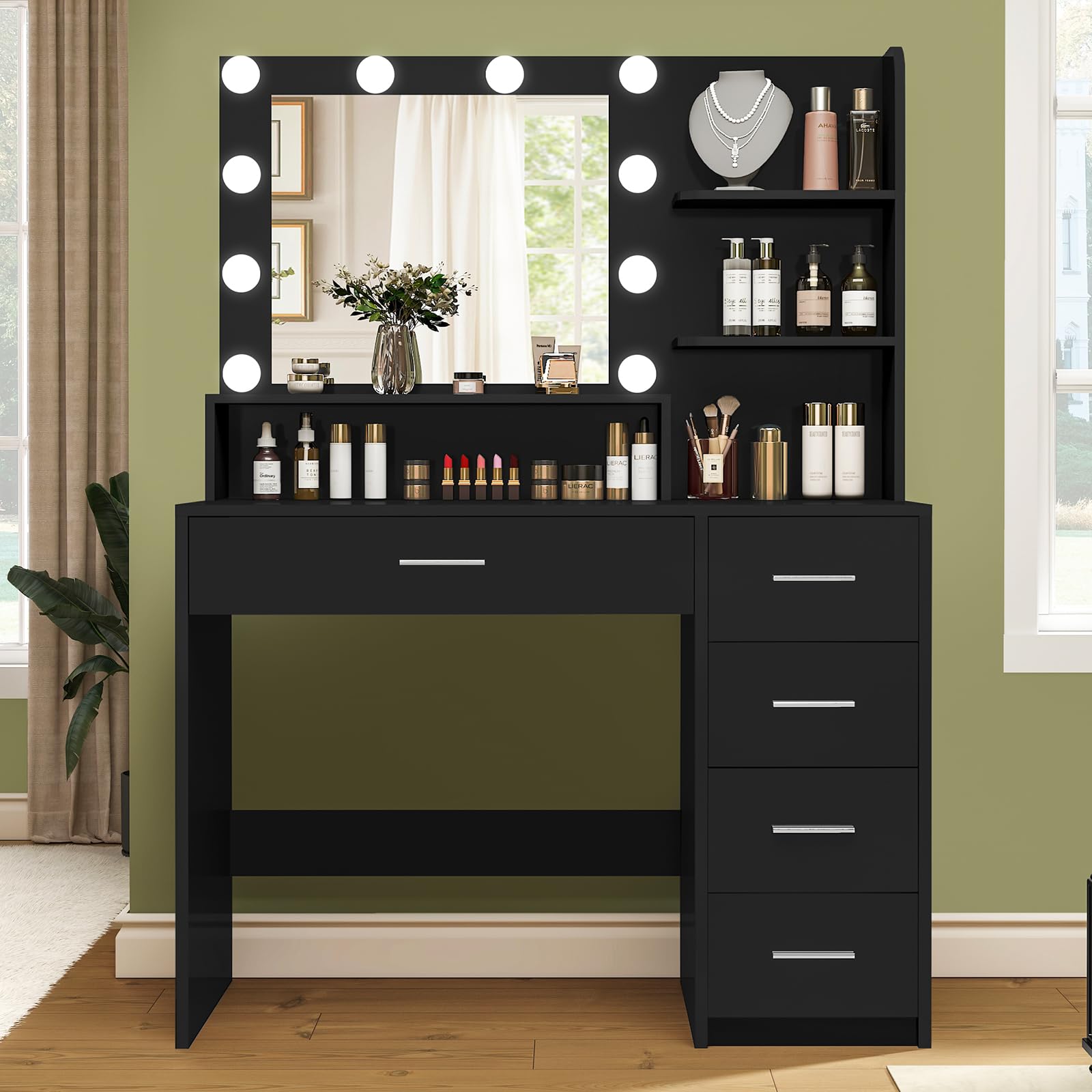 Quimoo Makeup Vanity Desk With Mirror & Lights, Vanity Desk With 5 Drawers & Storage Shelves, Vanity Table, 3 Color Modes & Adjustable Brightness Dressing Table, Bedroom