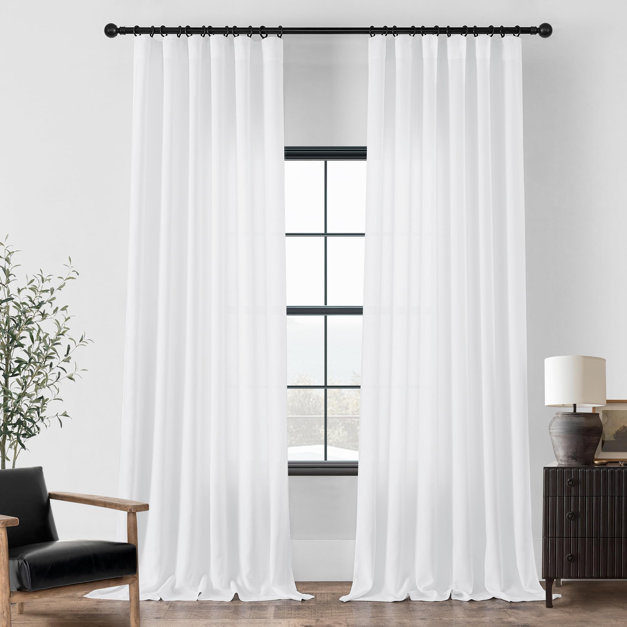 Dukiyo White Linen Curtains 132 Inch Length 2 Panels For High Living Room Semi Sheer Light Filtering Extra Long 132 Inch Curtain