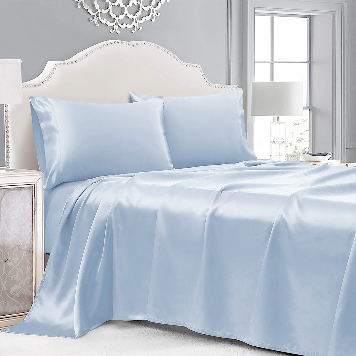 Cobedzy 4 Pieces Light Blue Satin Sheets Full Size Bed Set, Luxury Silky Satin Bedding Sheets Set With 1 Deep Pocket Fitted Shee