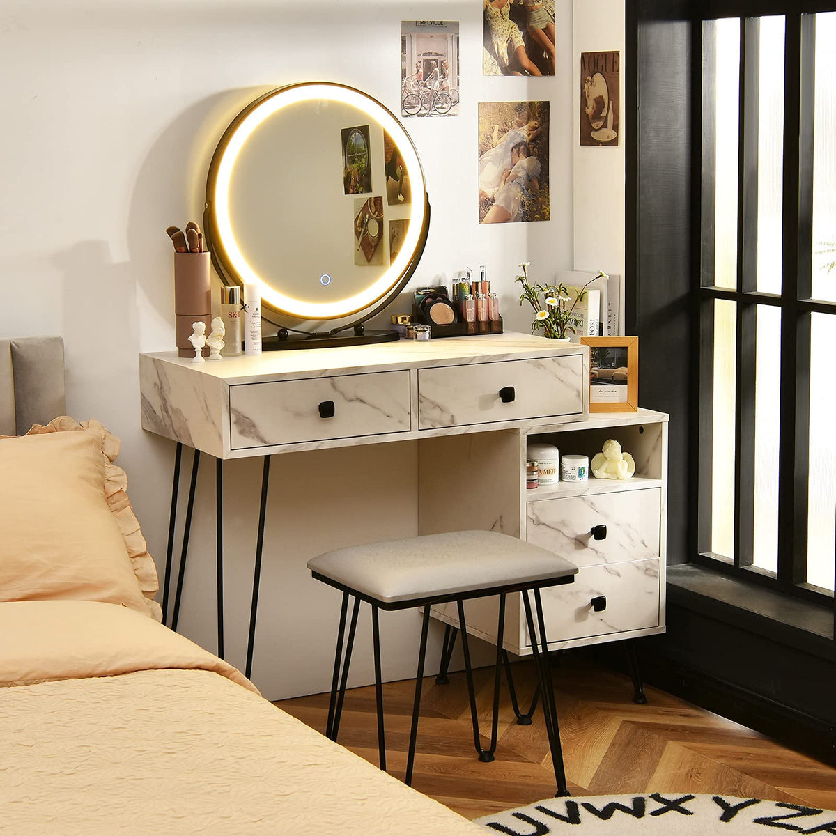 Charmaid Vanity Desk With Reversible Side Cabinet, Makeup Vanity Table With Lighted Mirror, 3 Color Lights, 4 Drawers, Bedroom Dressing Table With Nightstand And Stool, Marble White