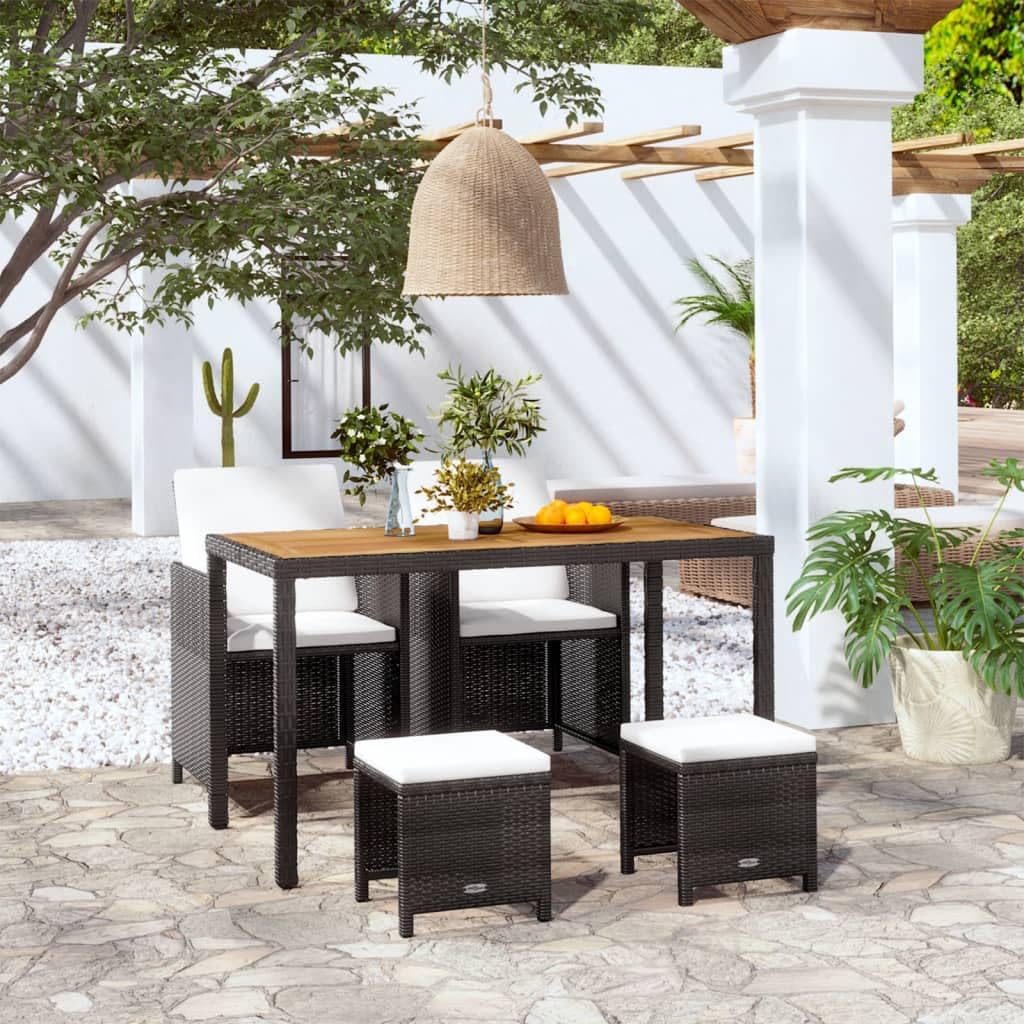 vidaXL 5-Piece Stylish Patio Dining Set - Made of Durable Poly Rattan and Acacia Wood in Black - Includes Table, Chairs, Stools and Cushions - Weather-Resistant Outdoor Furniture
