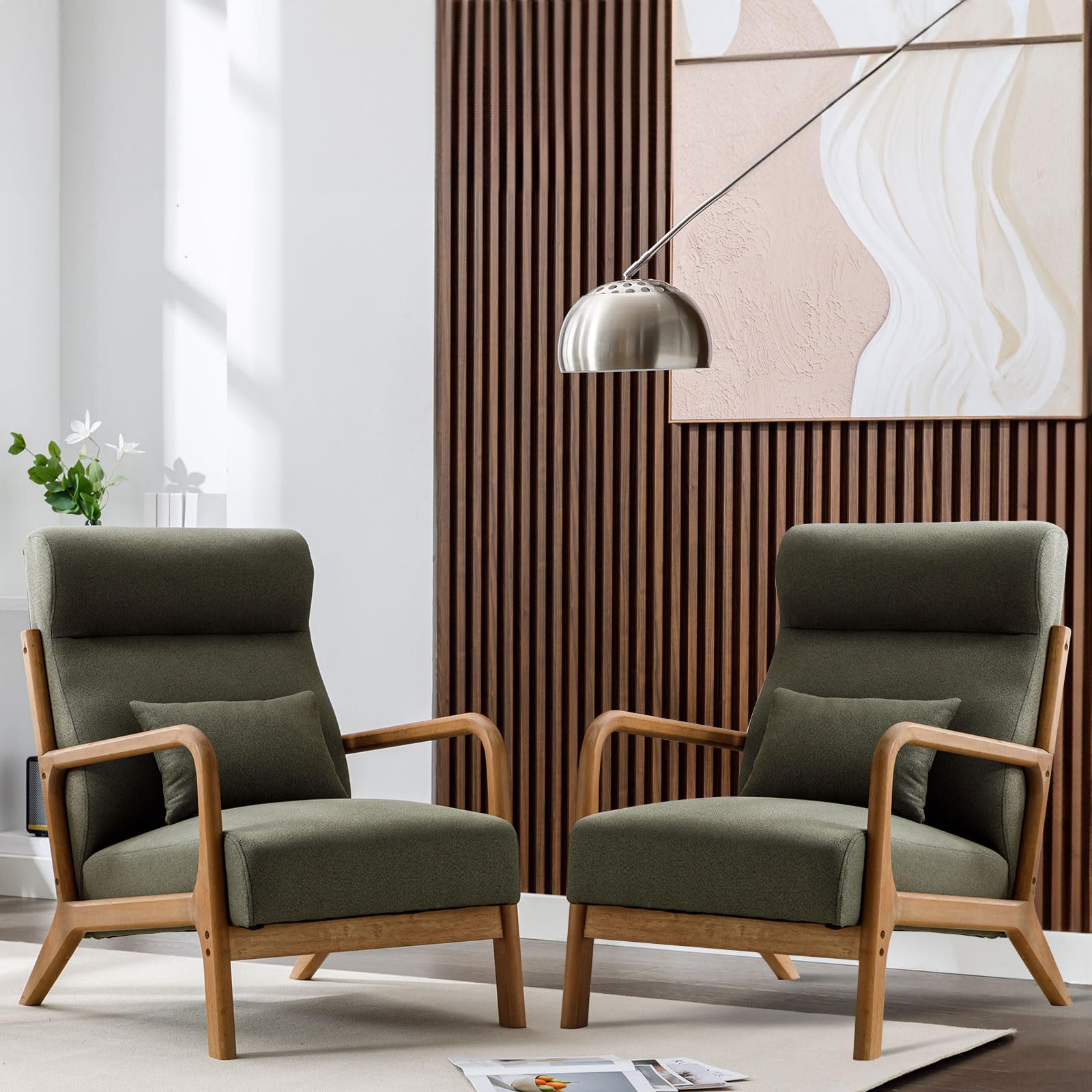 ANJHOME Mid Century Modern High Back Accent Chairs Set of 2, Single Lounge Armchair with Solid Wood Frame, Comfy Reading Chair f