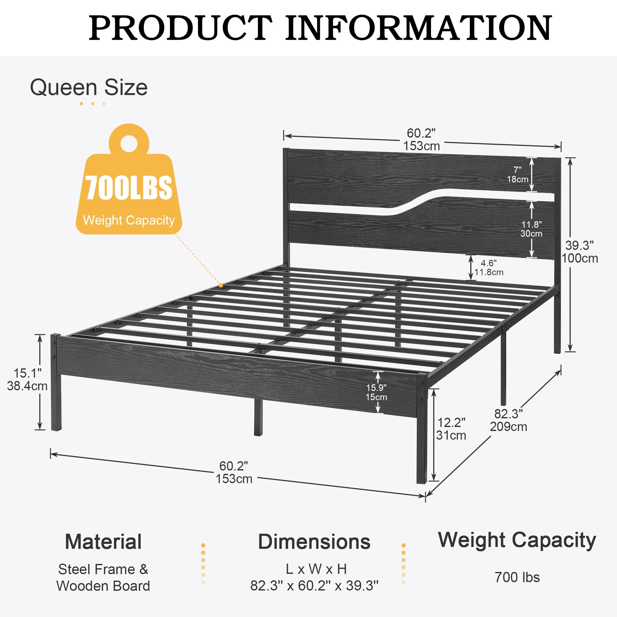 Vecelo Queen Size Platform Bed Frame With Wood Headboard, Solid And Strong Metal Support, No Box Spring Needed, Black