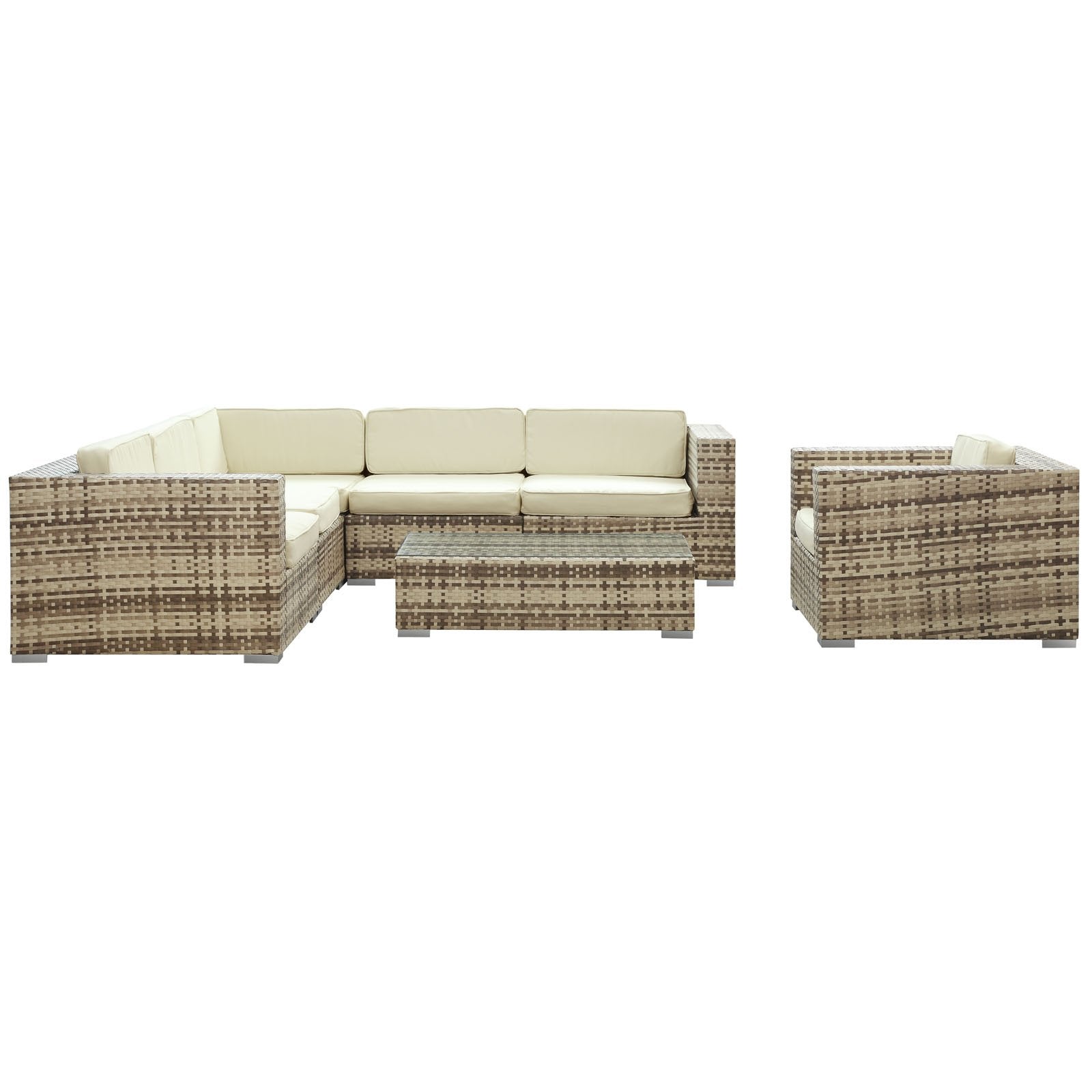 Lexmod Corona Outdoor Wicker Patio 7-Piece Sectional Sofa Set In Sepia With White Cushions