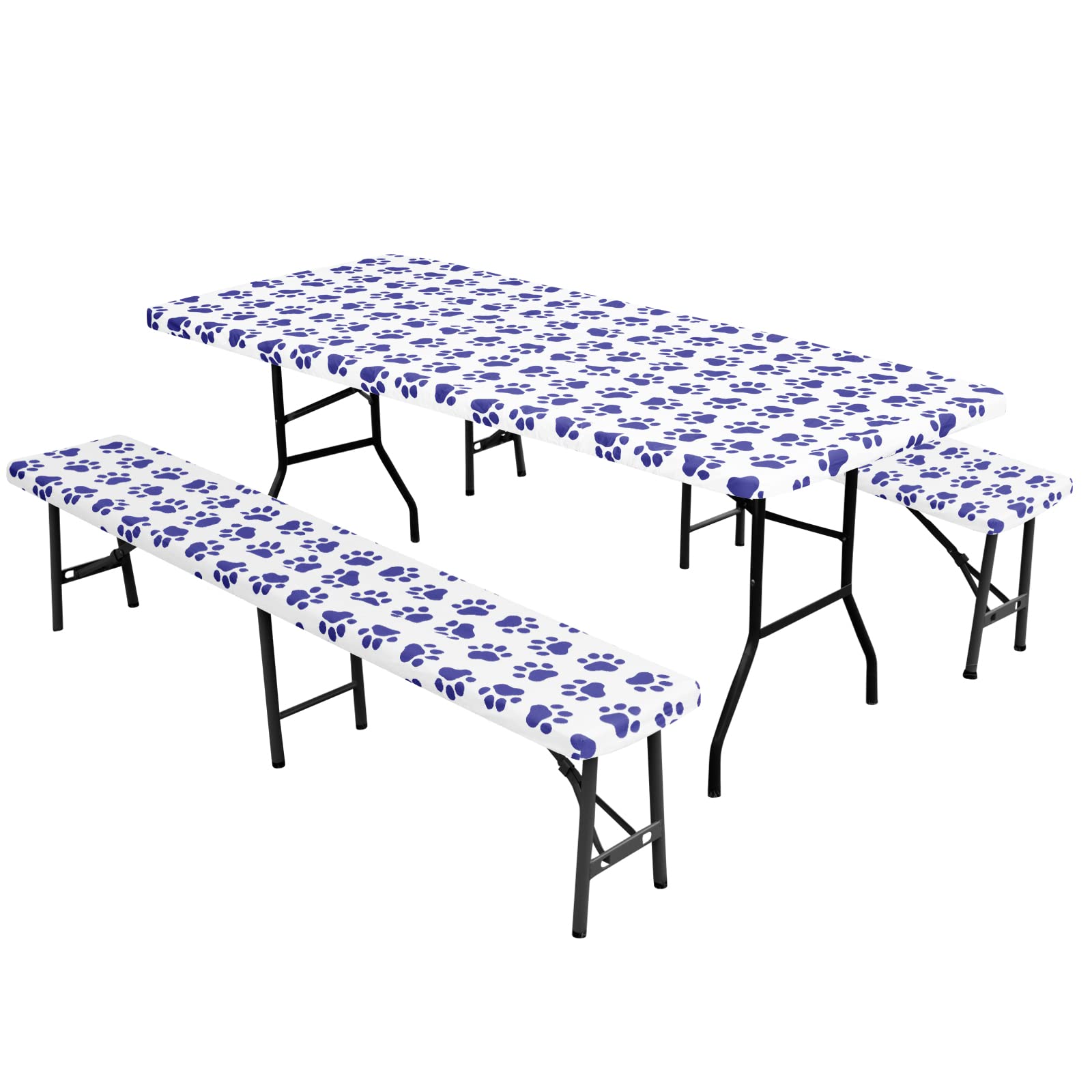 Easy-Going 100% Waterproof Picnic Outdoor Tablecloth With Bench Covers Fit 6 Foot Rectangle Table, 3-Piece Set Camping Table Cover With Seat Covers (30X72 In, Blue-Paw)