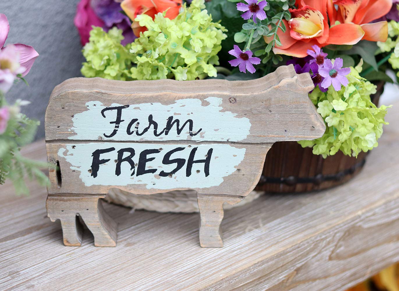 Parisloft Farm Fresh Wood Cow Shaped Sign Tabletop Decor, Carved Cow Statue Home Decor, Animal Sculpture Decorations