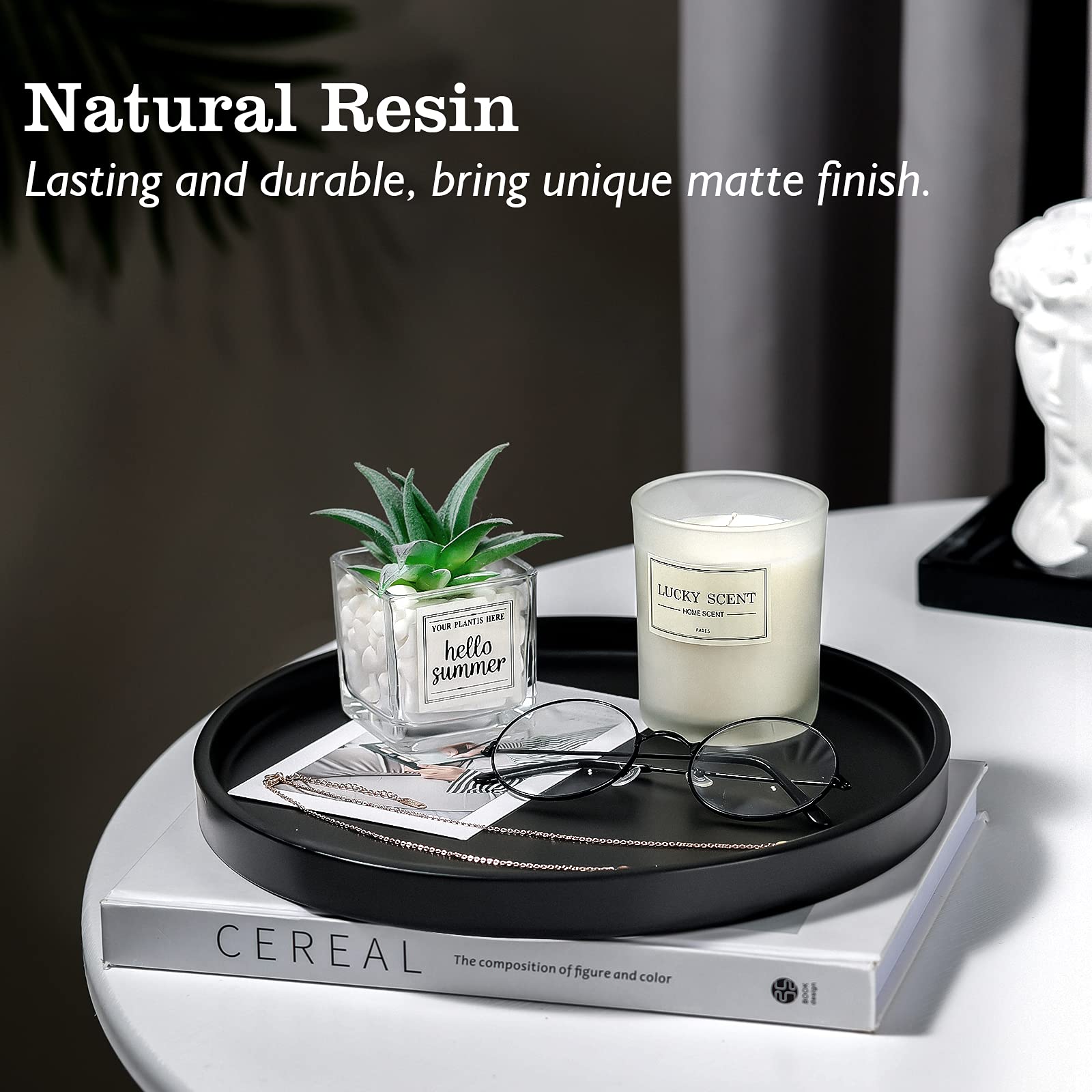 Emibele Vanity Tray, Resin Round Tray Decorative Storage Organizer For Bathroom Toilet Tank Bedroom Kitchen Countertop, Jewelry