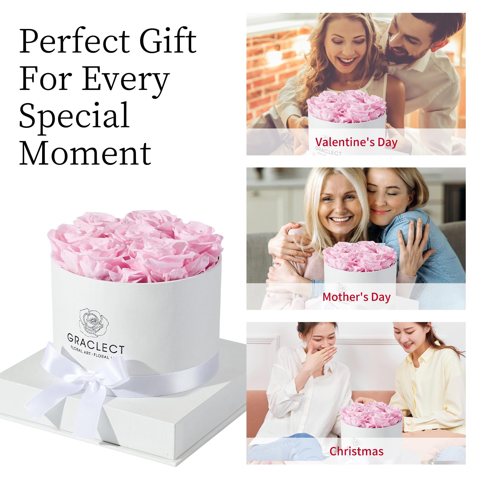 Graclect Preserved Roses in Box Forever Flowers Birthday Gifts for Her Mom - Pink Roses