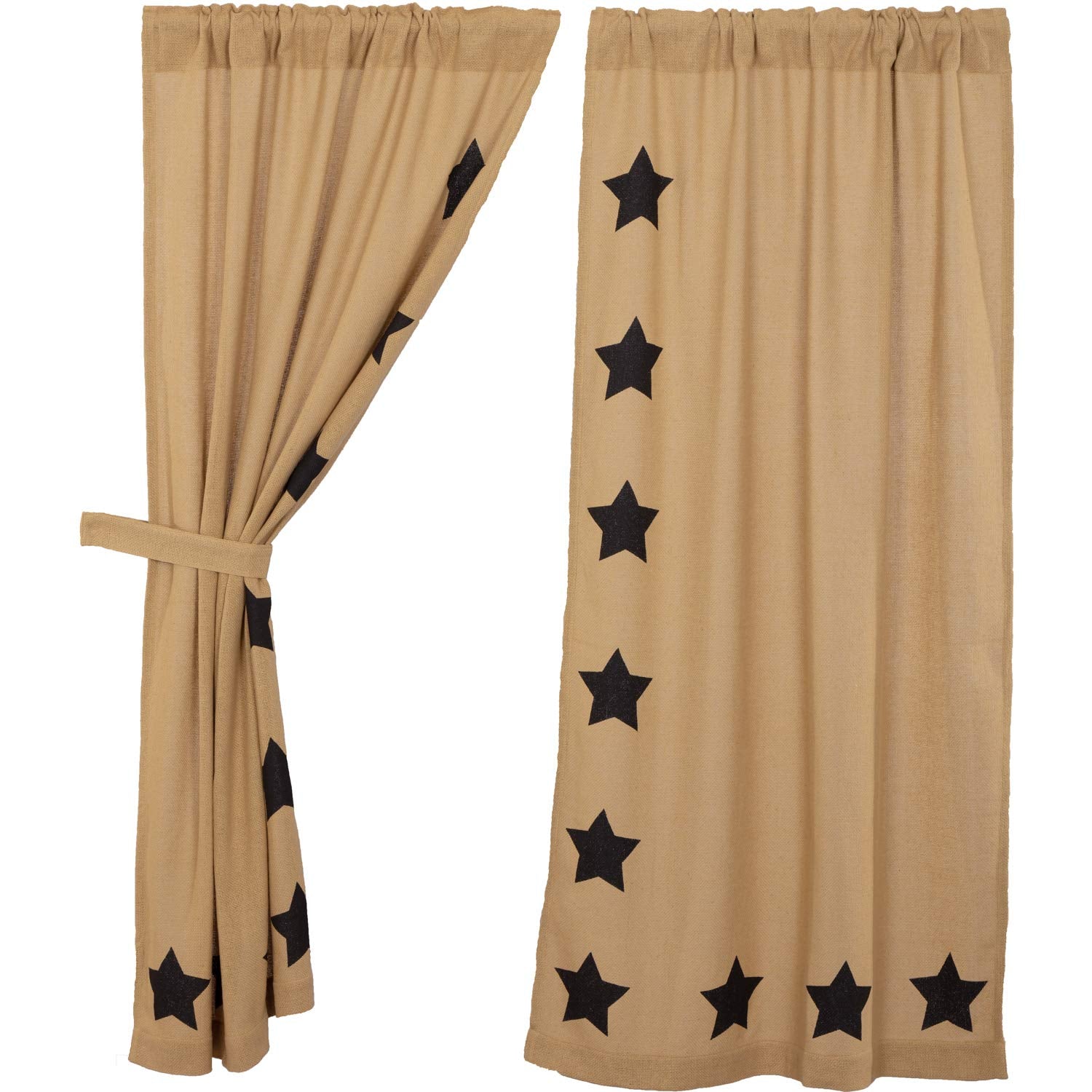 VHC Brands Burlap Natural with Black Stars Primitive 63x36 Panel Pair Tan Rod Pocket Stenciled Cotton Tie Back(s) Window Curtain