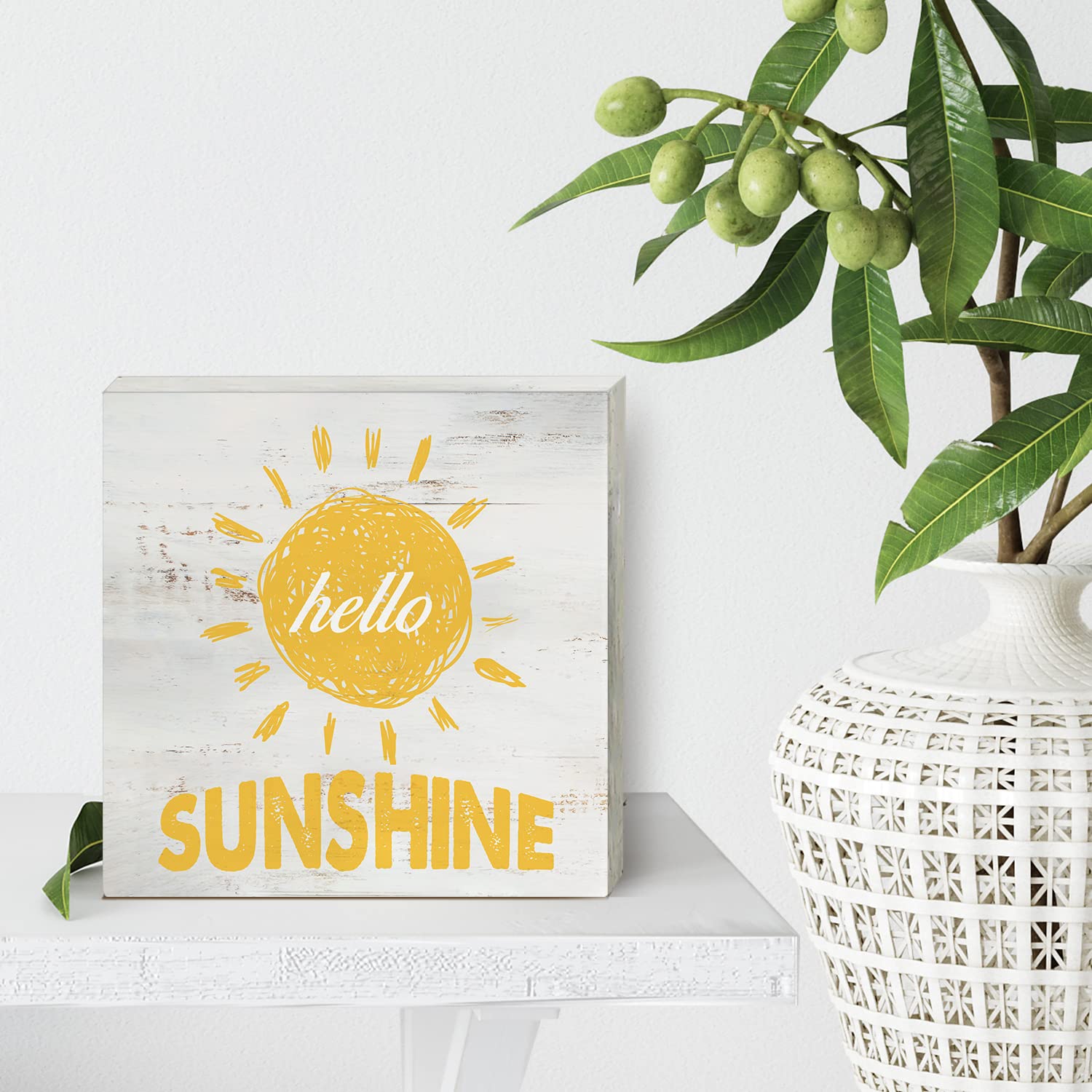 Farmhouse Hello Sunshine Wood Box Sign Home Decor Rustic Spring Wooden Box Sign Block Plaque For Wall Tabletop Desk Home Decorat