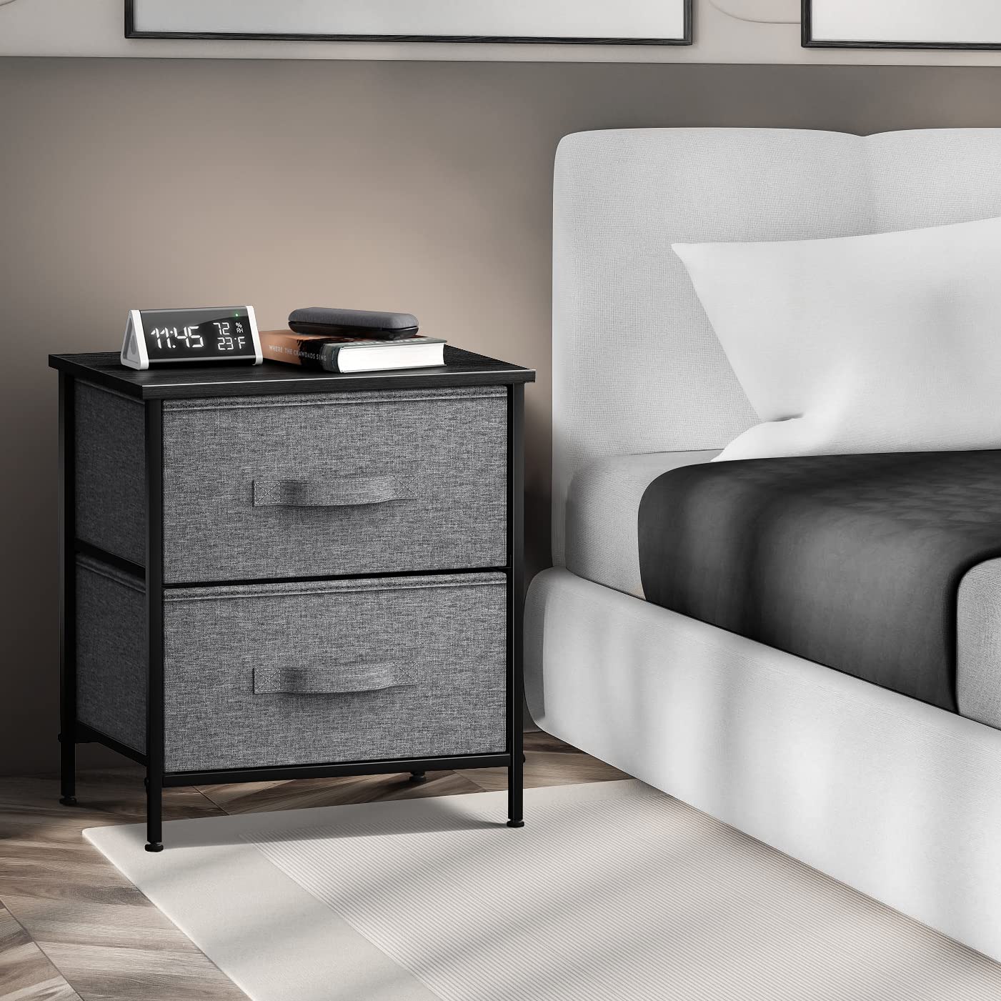 Sorbus Nightstand With 2 Drawers - Bedside Furniture End Table Night Stand With Steel Frame, Wood Top & Easy Pull Fabric Bins - Small Dresser & Chest For Home, Bedroom Accessories & Office