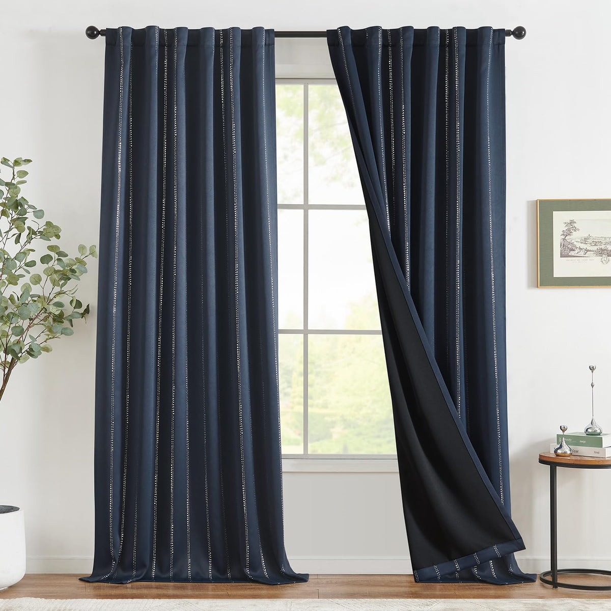 Jinchan Boho Blackout Curtains For Bedroom, Silver Foil Striped Patterned Navy Blue Curtains 96 Inches Long Back Tab Room Darken