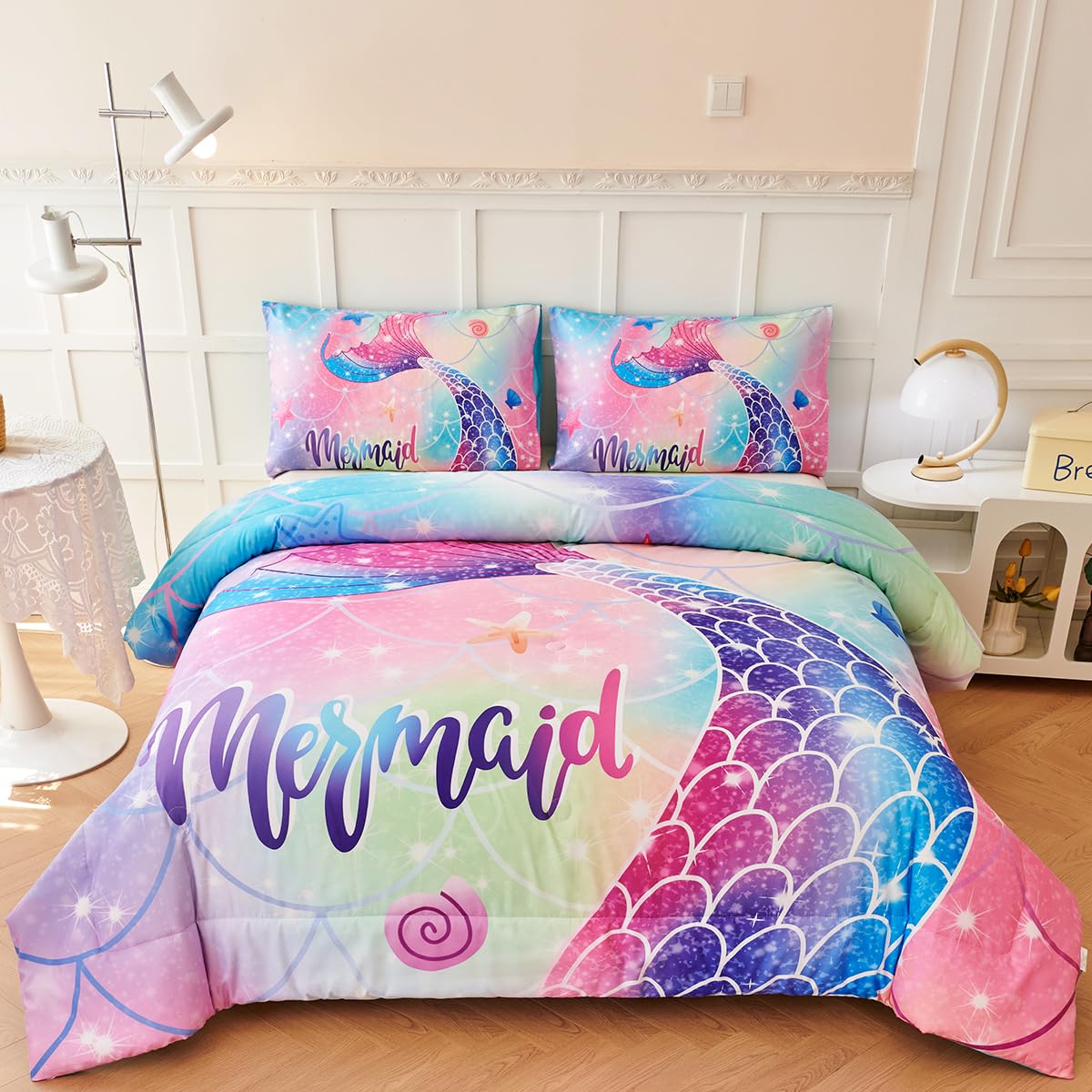 Zrnbast Girls Mermaid Tail Comforter Set Full For Kids Girls 3 Pcs Rainbow Gradient Bedding Set Aqua Blue Purple Pink Tie-Dye Be