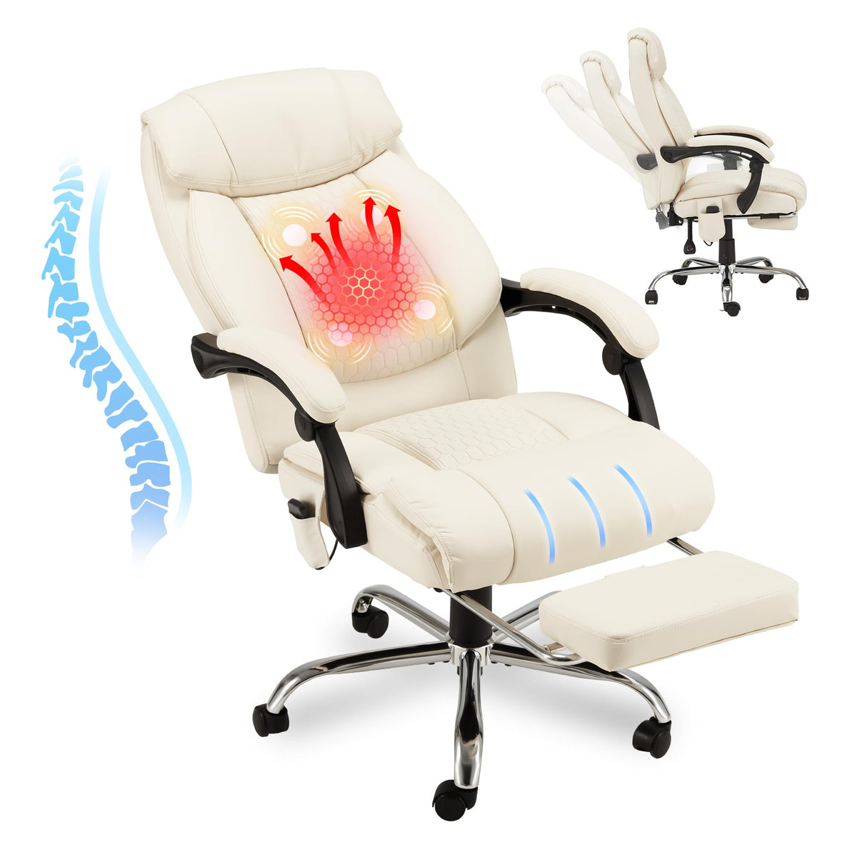 Homrest Reclining Office Chair With 4-Point Massage And Heat, Executive Chair With Retractable Footrest, Ergonomic Home Computer