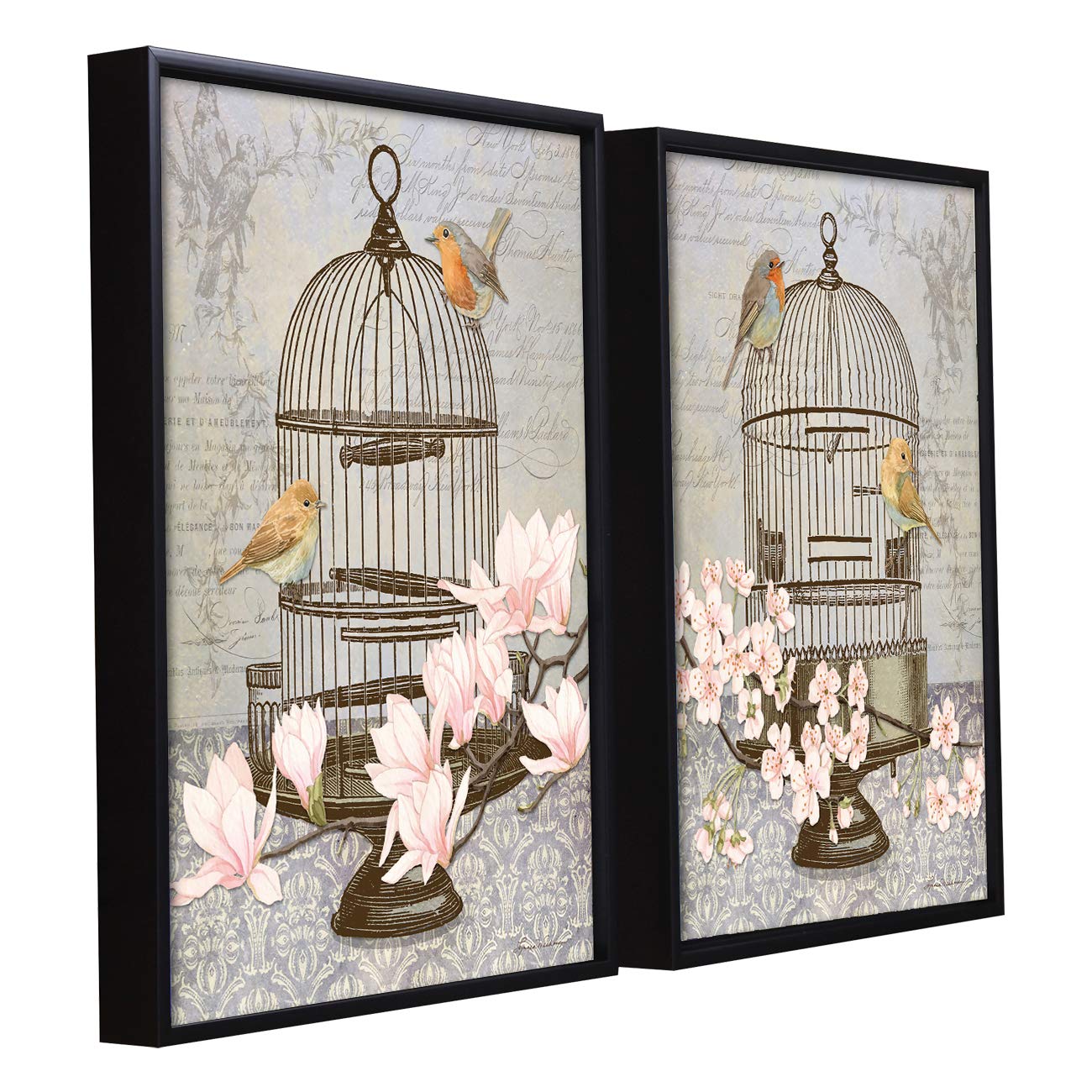 Paintingmantra Floral Bird Theme Set Of 2 Framed Canvas Painting Painting  13X17 Inchs