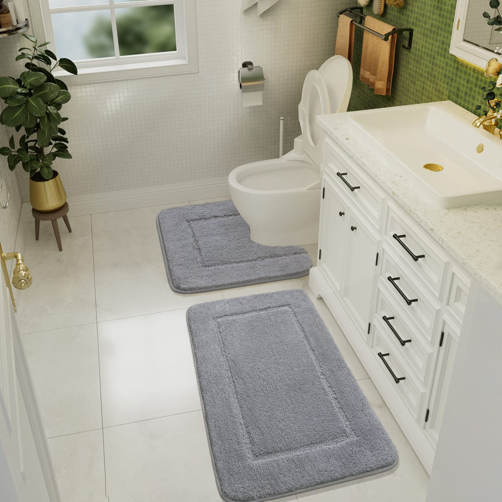Lochas Bathroom Rug Set Light Grey, Soft Bath Rug Set 2 Piece Set, Toilet Mat U-Shaped 20X20 And 34X20 Bathroom Rugs, Quickly Dr