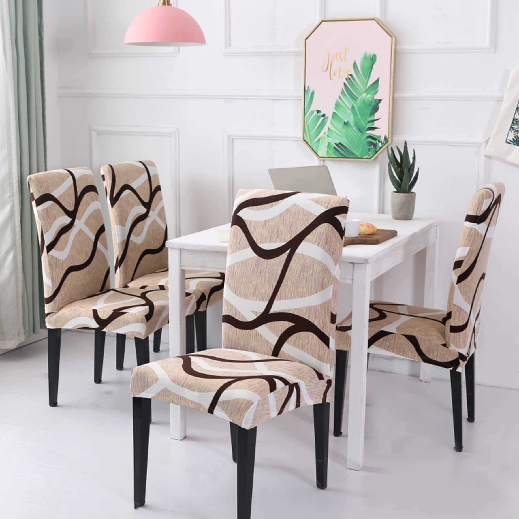 Hzdhclh Beige Chair Covers For Dining Room 6 Pack,Stretch Spandex Parsons Chair Slipcovers Set Of 6,Washable Anti-Dust Chair Sea