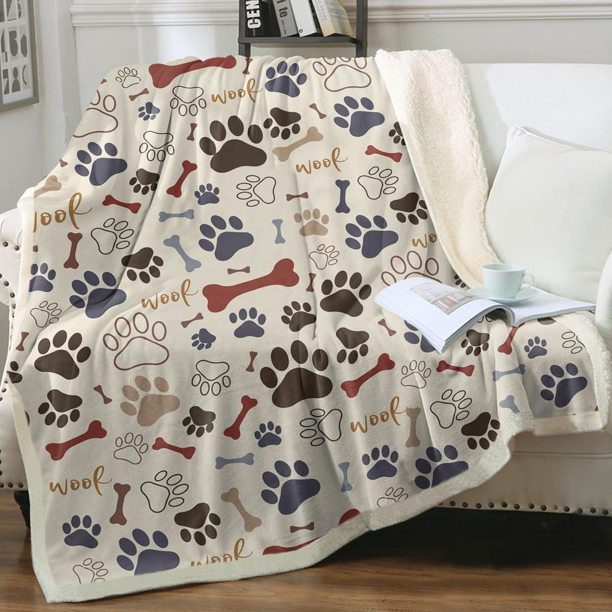 Sleepwish Dog Paws And Bones Print Fleece Throw Blanket For Kids Soft Plush Light Yellow Sherpa Blanket For Couch Chair, Throw (