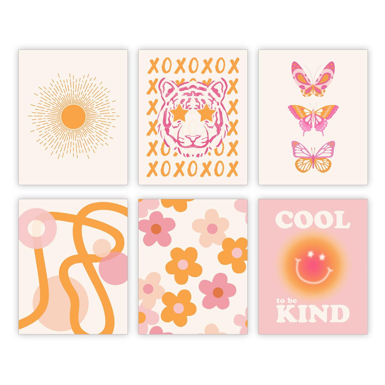 Pink and Orange Wall Art Preppy Room Decor Aesthetic Posters 70s Decor Trendy College Dorm Decorations for Teen Girls Bedroom | 
