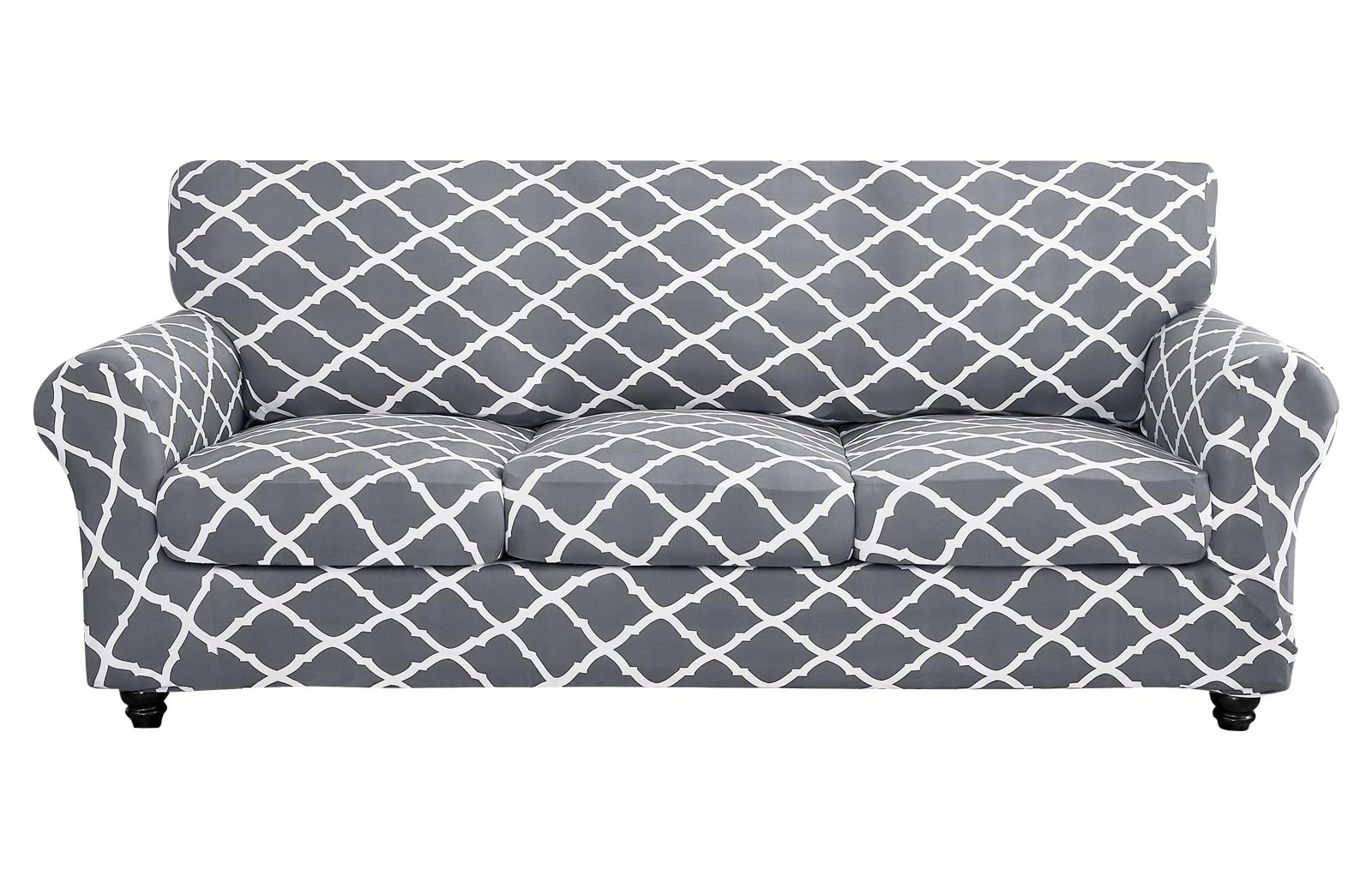 Searchi Stretch Sofa Cover Printed Couch Cover, Floral Pattern 4 Pieces Sofa Slipcover With 3 Separate Cushion Cover, Washable Furniture Protector For Living Room(Sofa, Gray+White)