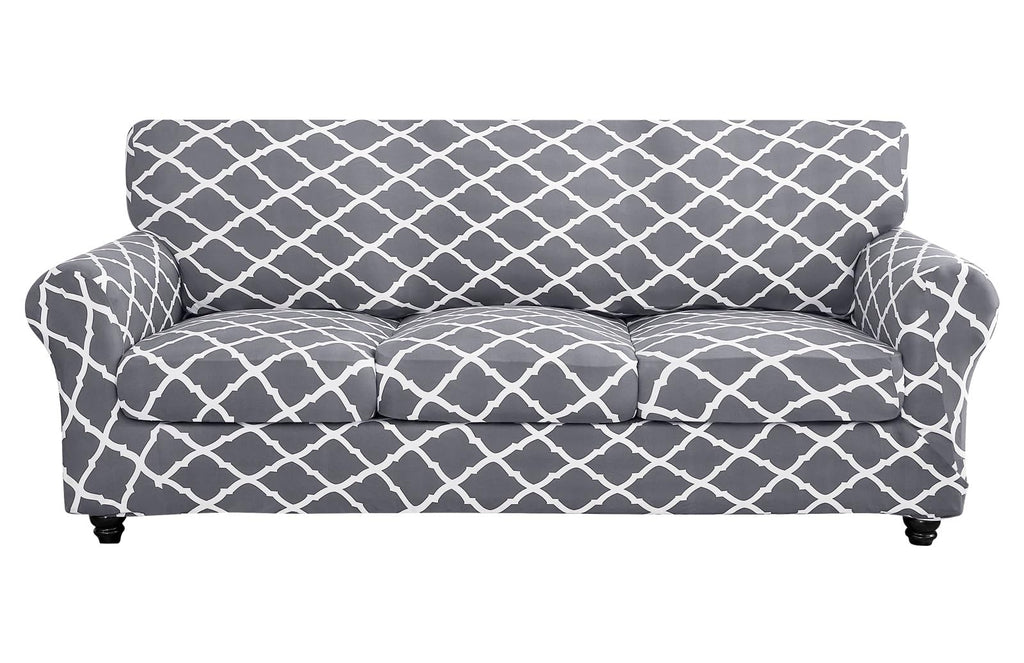 Searchi Stretch Sofa Cover Printed Couch Cover, Floral Pattern 4 Pieces Sofa Slipcover With 3 Separate Cushion Cover, Washable Furniture Protector For Living Room(Sofa, Gray+White)
