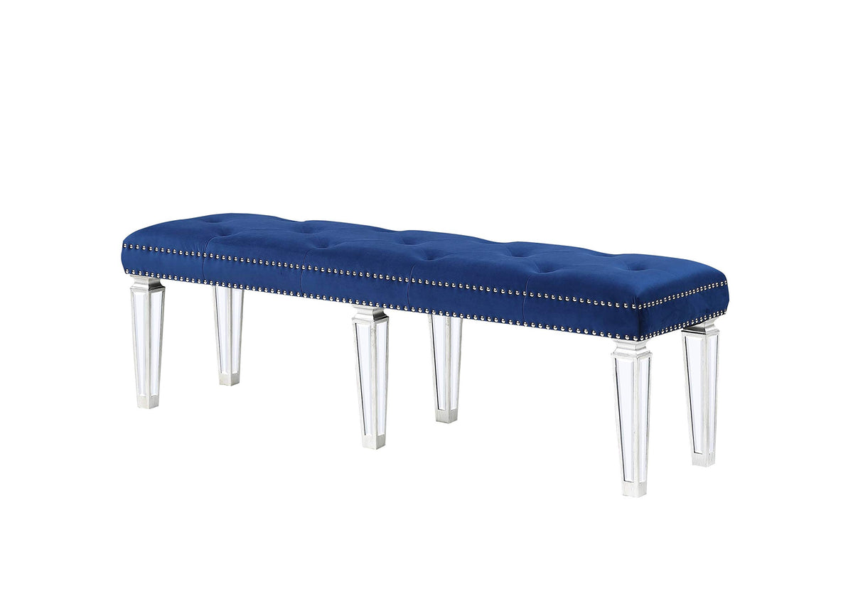 Acme Varian Tufted Upholstered Bench in Blue Velvet and Mirrored