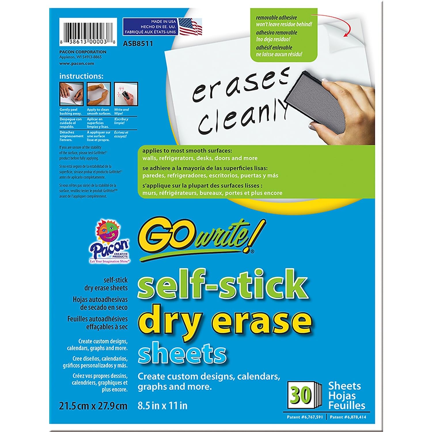 Gowrite! Pacasb8511 Self-Adhesive Dry Erase Sheets, White, 8-1/2' X 11', 30 Sheets