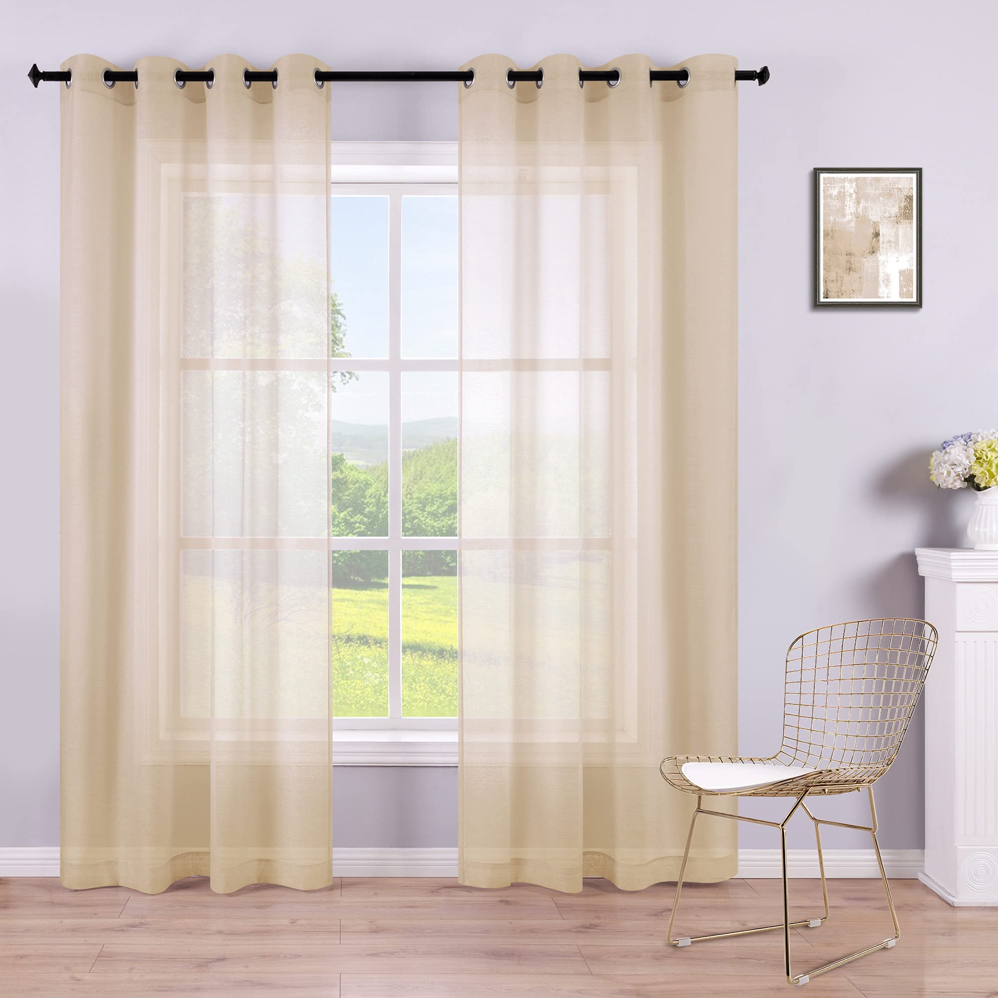 KOUFALL Tan Beige Curtains 84 Inches Long,Sheer Grommet Farmhouse Style Primitive Country Curtains for Living Room Bedroom Dinin