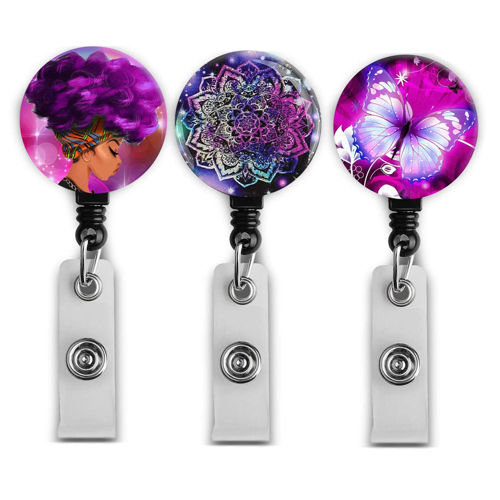 Retractable Badge Holders, Cute Nursing Badge Reel, Badge Clip Id Card Holders (3Pack Purple Design)