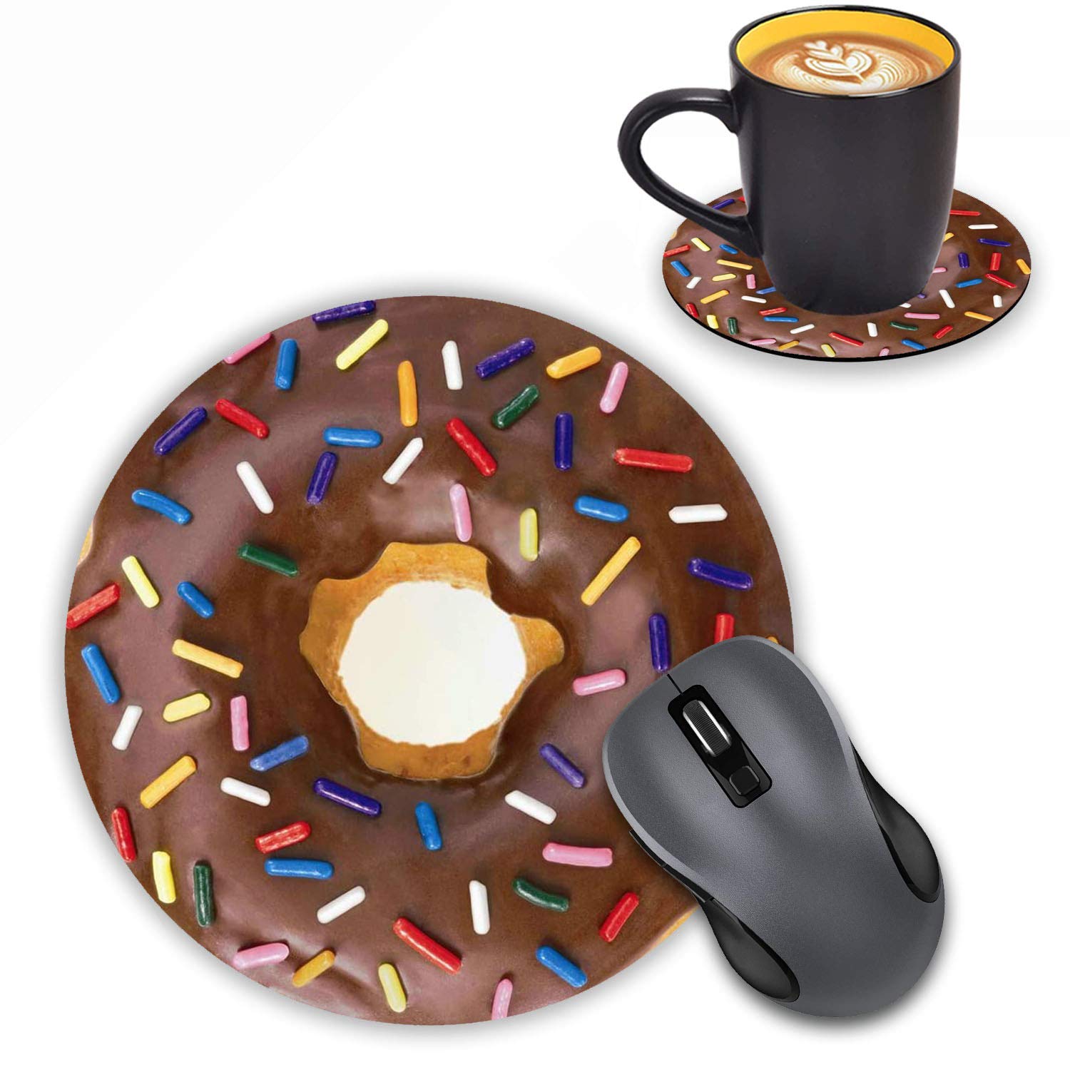 Loworo Round Mouse Pad With Coasters Set, Donut With Sprinkles Design Mouse Pad Non-Slip Rubber Mousepad Office Accessories Desk
