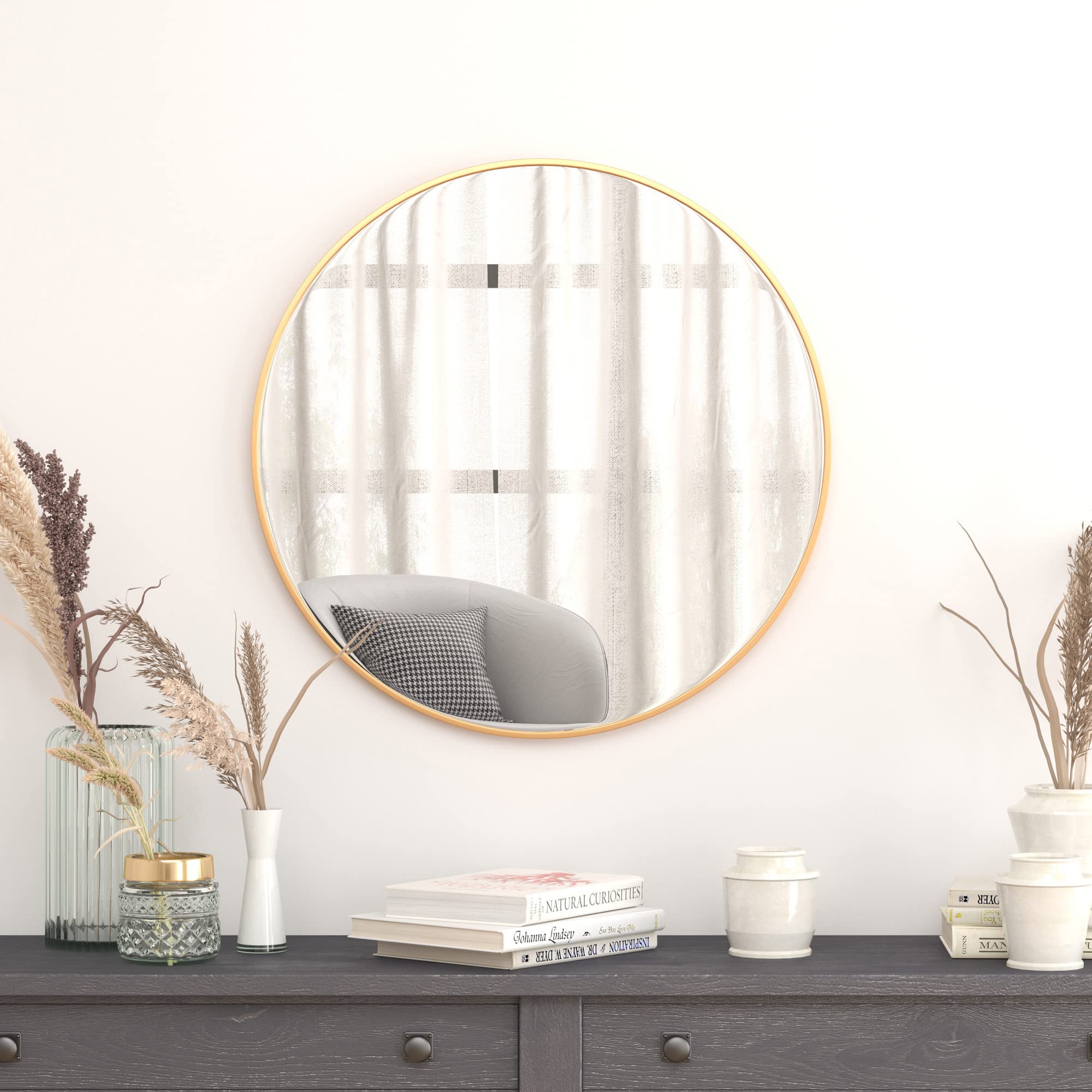 Flash Furniture Large Round Wall Mirror - Gold Circle Accent Mirror - 30&quot; Vanity Mirror - For Bathroom, Vanity, Entryway, Dining Room, & Living Room